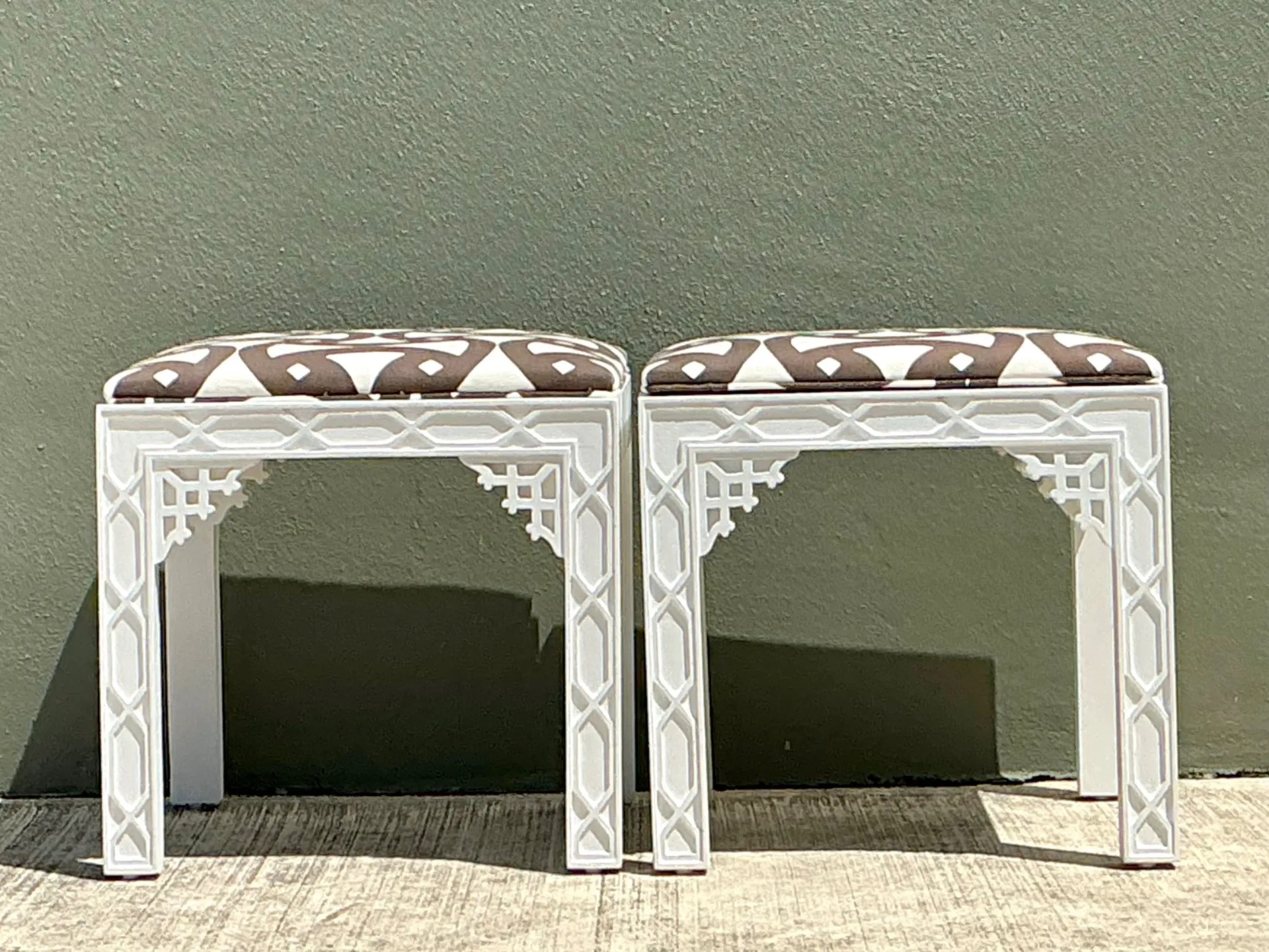 Vintage White and Brown Fretwork Upholstered Stools - A Pair — additional photo 7