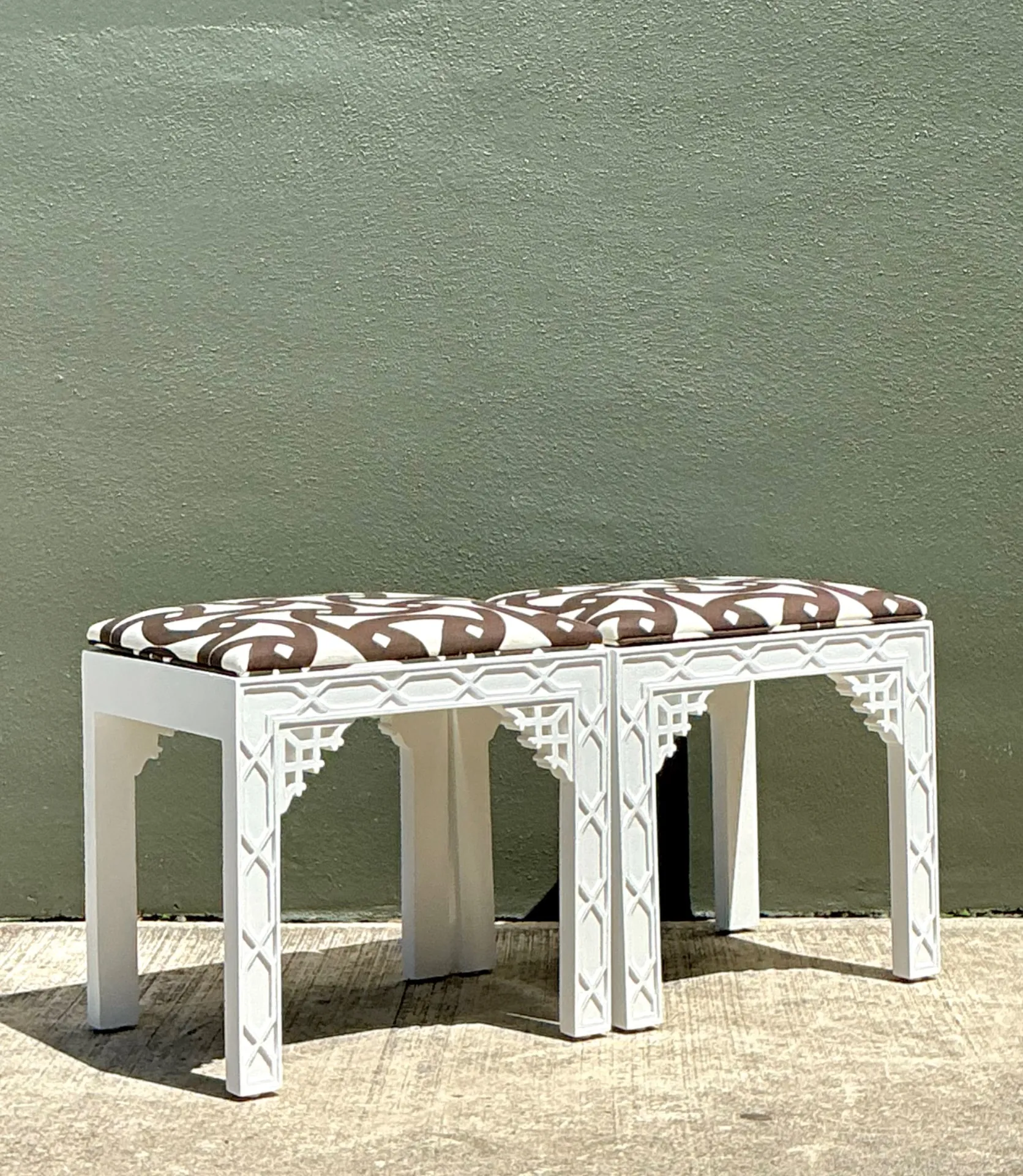 Vintage White and Brown Fretwork Upholstered Stools - A Pair — additional photo 2