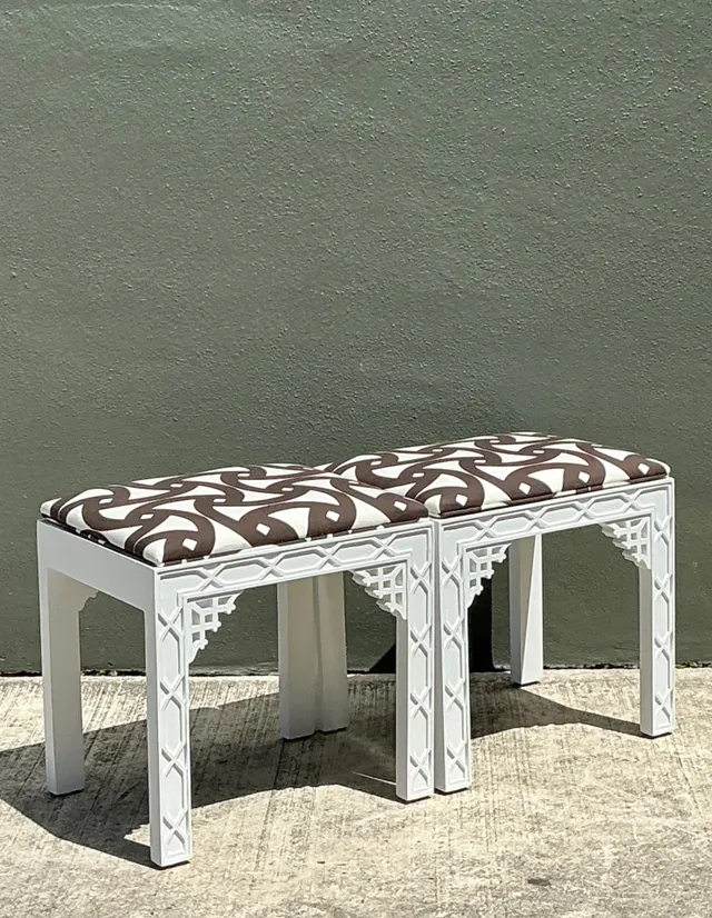 Vintage White and Brown Fretwork Upholstered Stools - A Pair — additional photo 8