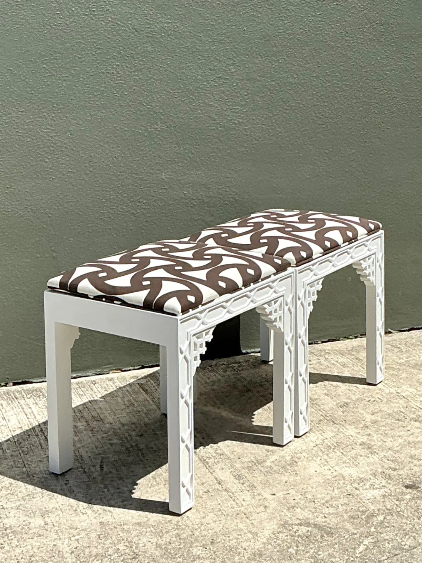 Vintage White and Brown Fretwork Upholstered Stools - A Pair — additional photo 4