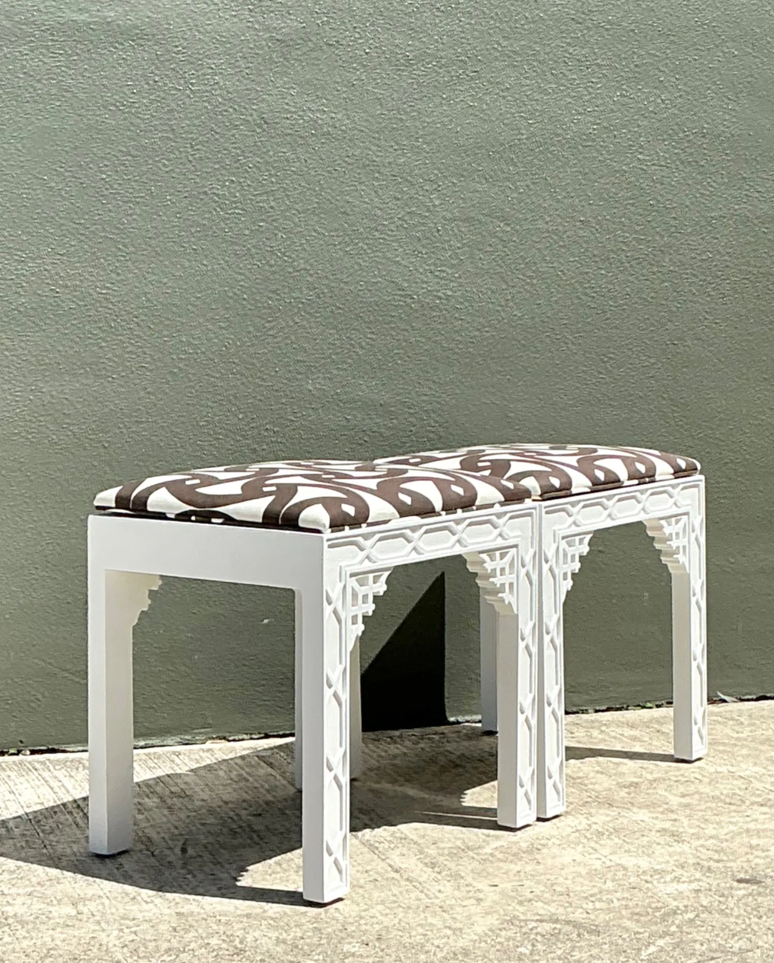 Vintage White and Brown Fretwork Upholstered Stools - A Pair — additional photo 6