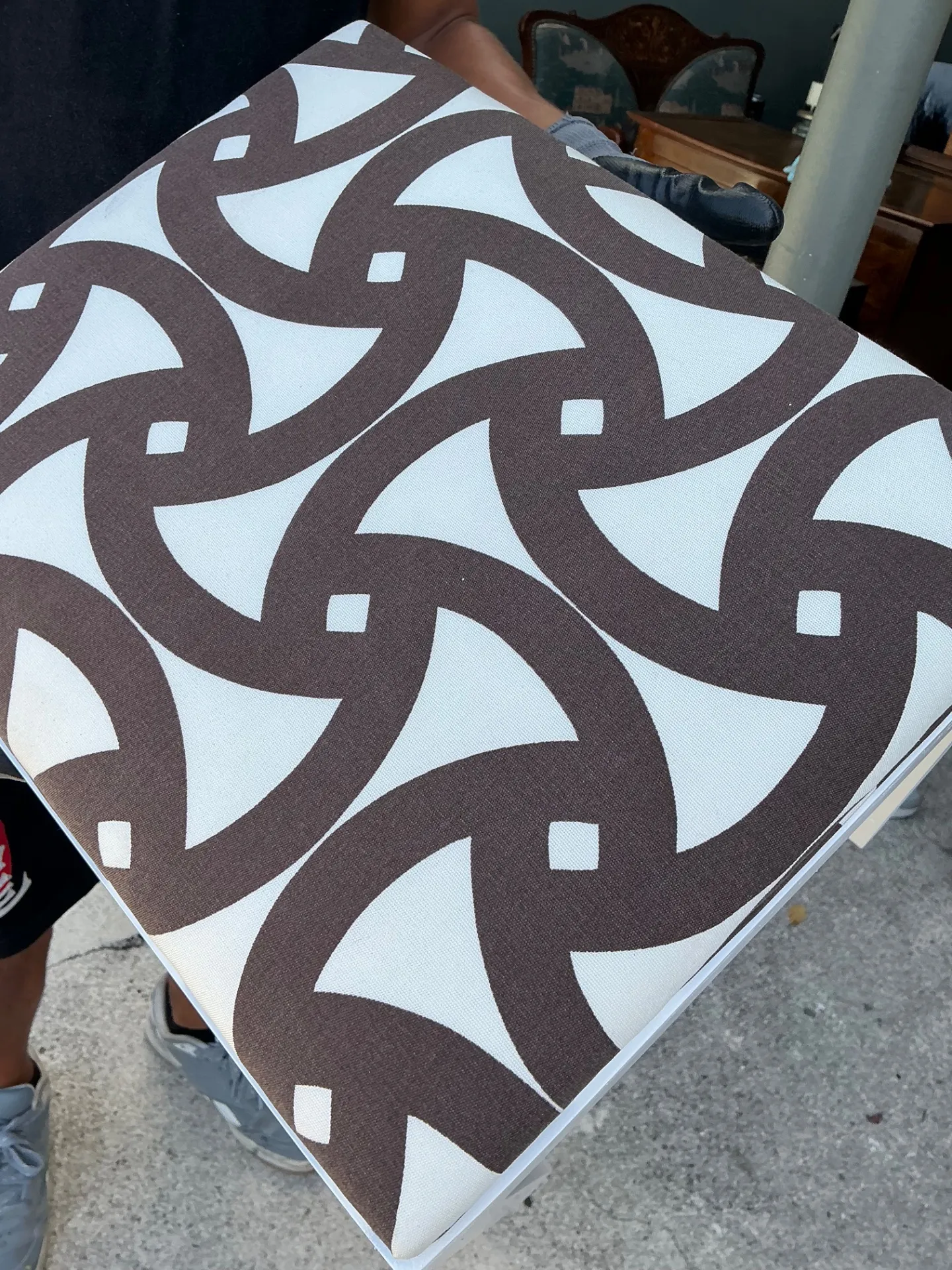 Vintage White and Brown Fretwork Upholstered Stools - A Pair — additional photo 3