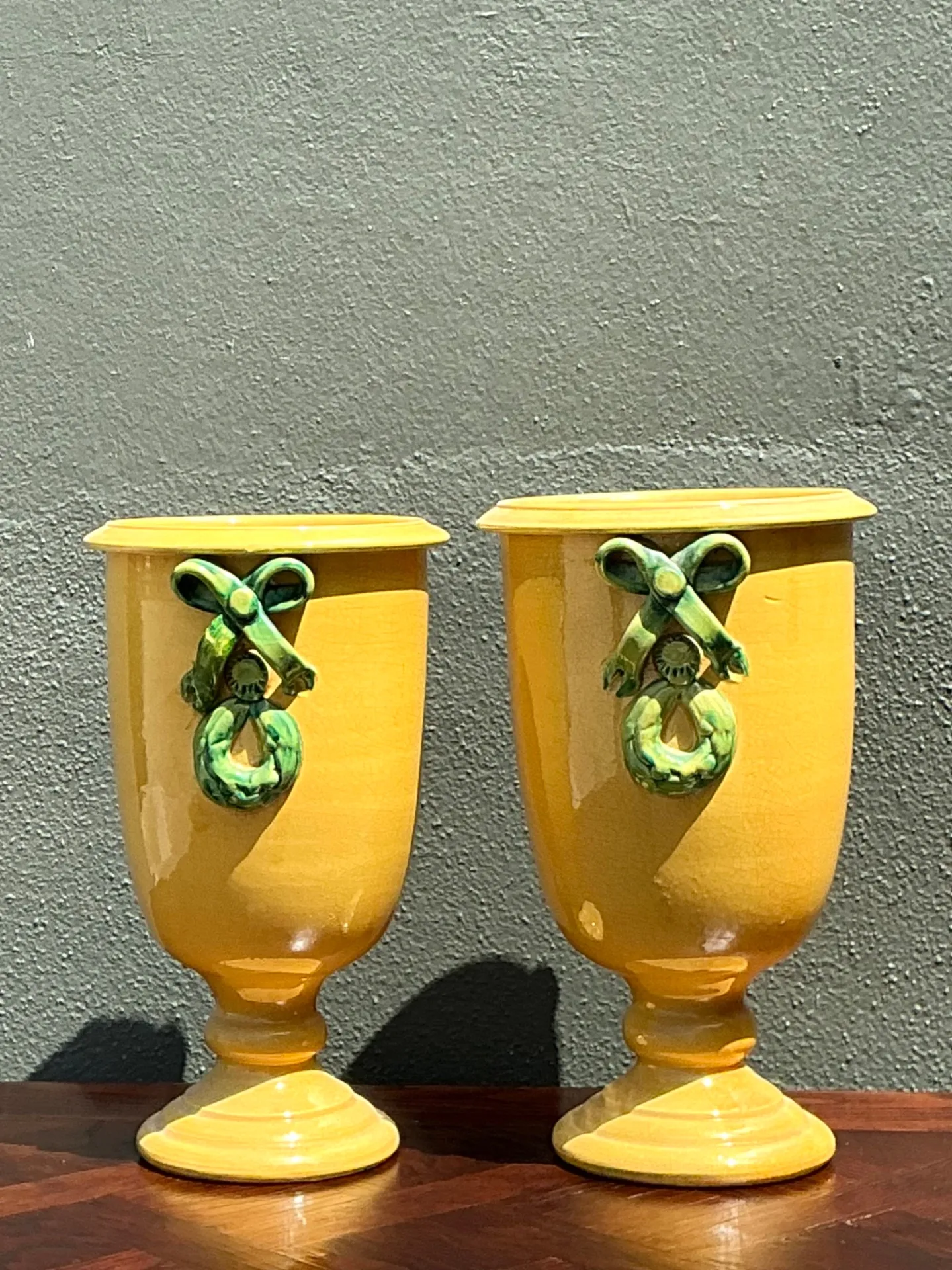 Vintage Italian Pedestal Ceramic Vases with Bow Detail — additional photo 8