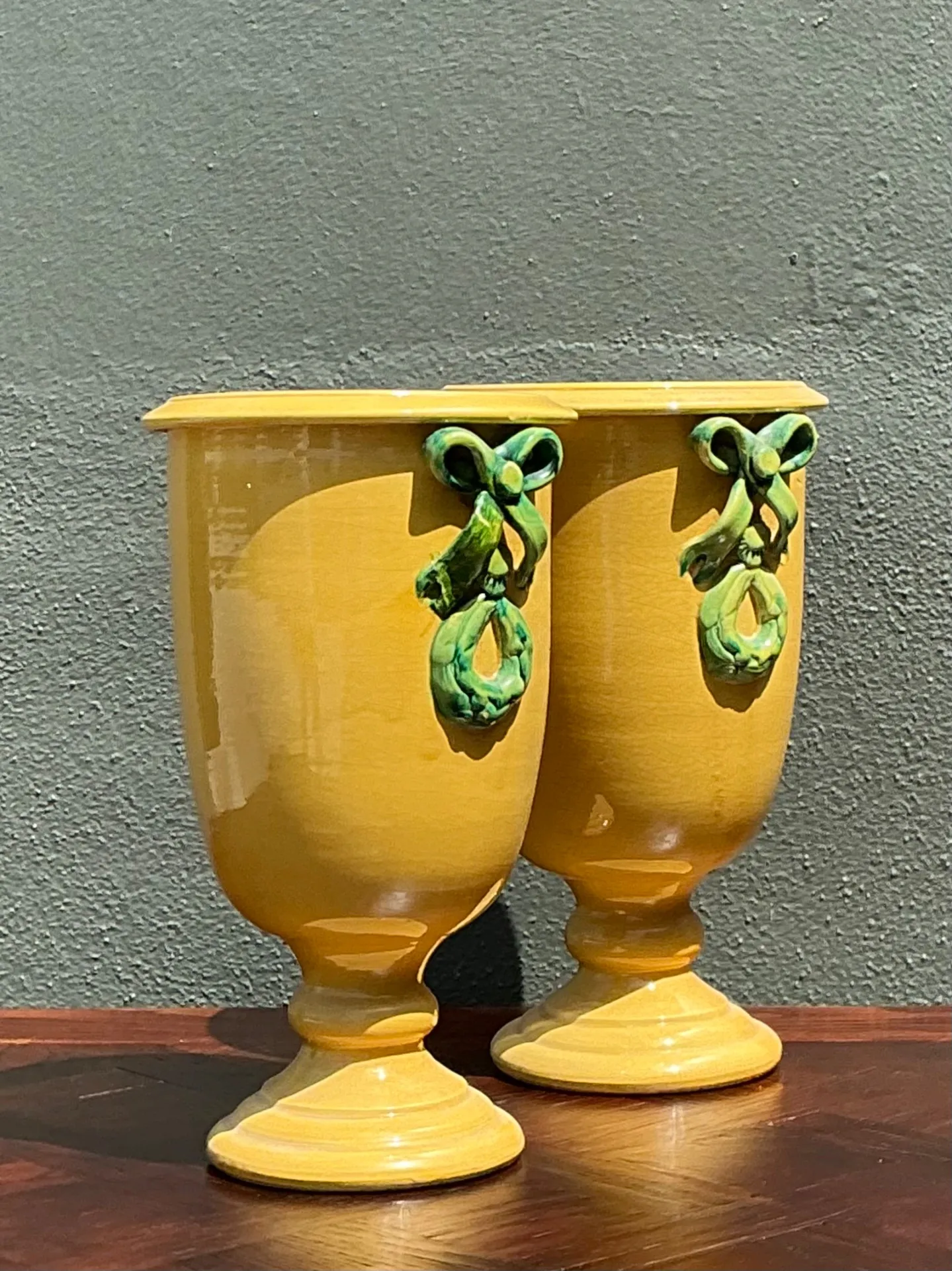 Vintage Italian Pedestal Ceramic Vases with Bow Detail — additional photo 2