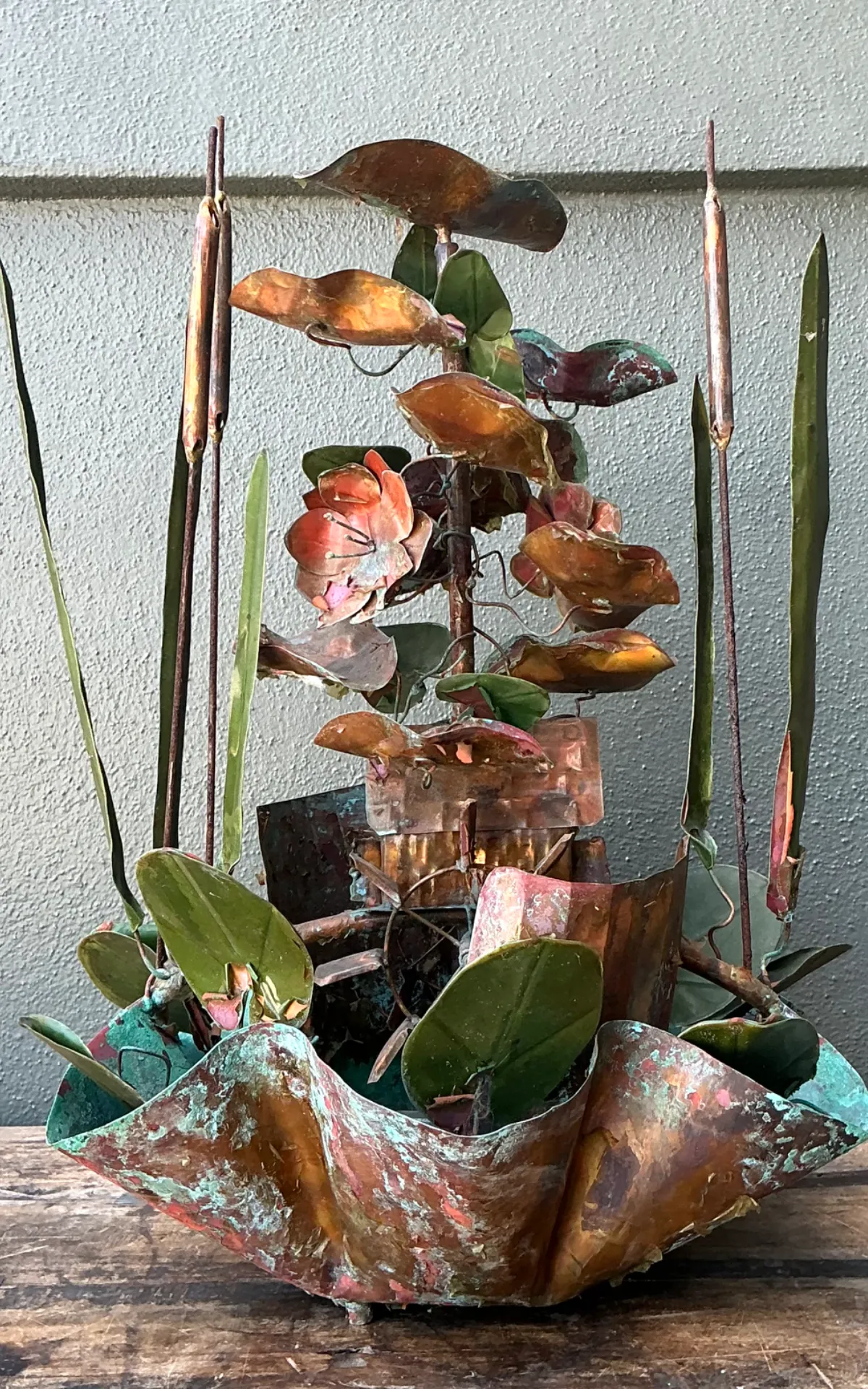 Vintage Patinated Metal Water Fountain Sculpture - Close-up view