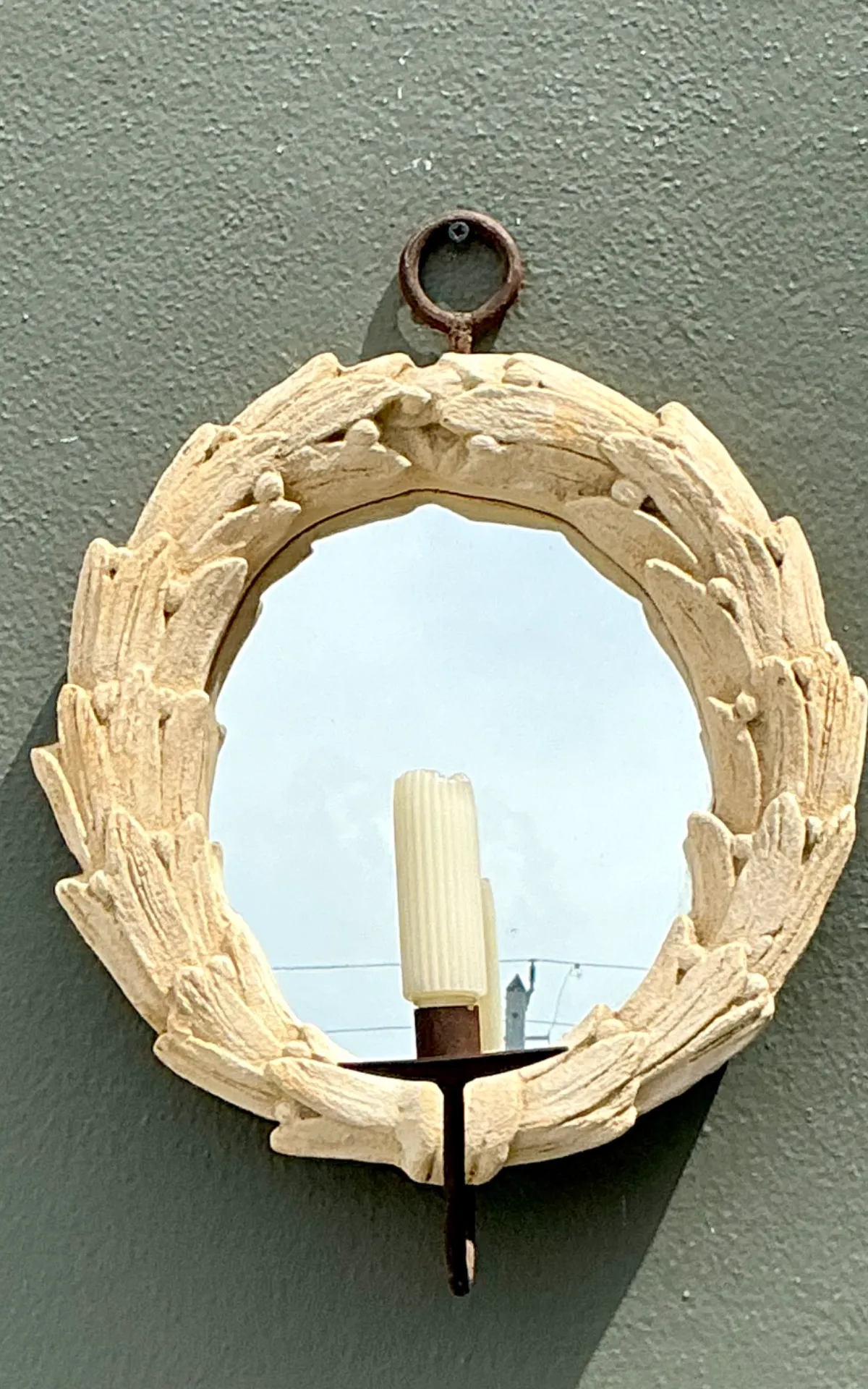 Vintage Laurel Leaf Wall Mirror With Candle Holder