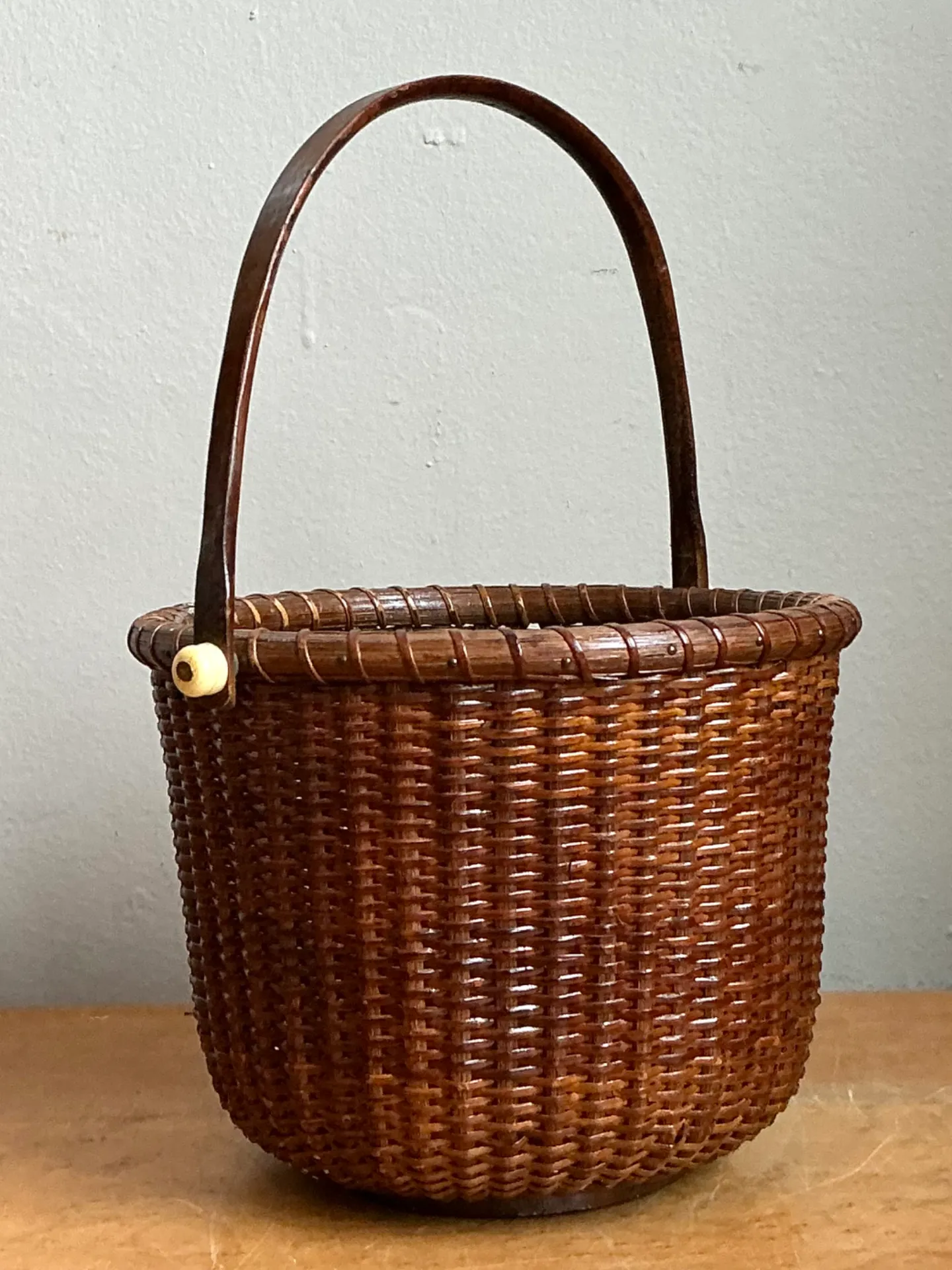 Vintage Woven Rattan Nantucket Basket with Handle — additional photo 1