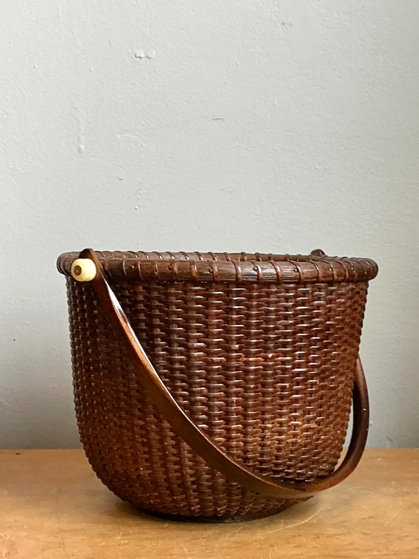Vintage Woven Rattan Nantucket Basket with Handle — additional photo 2