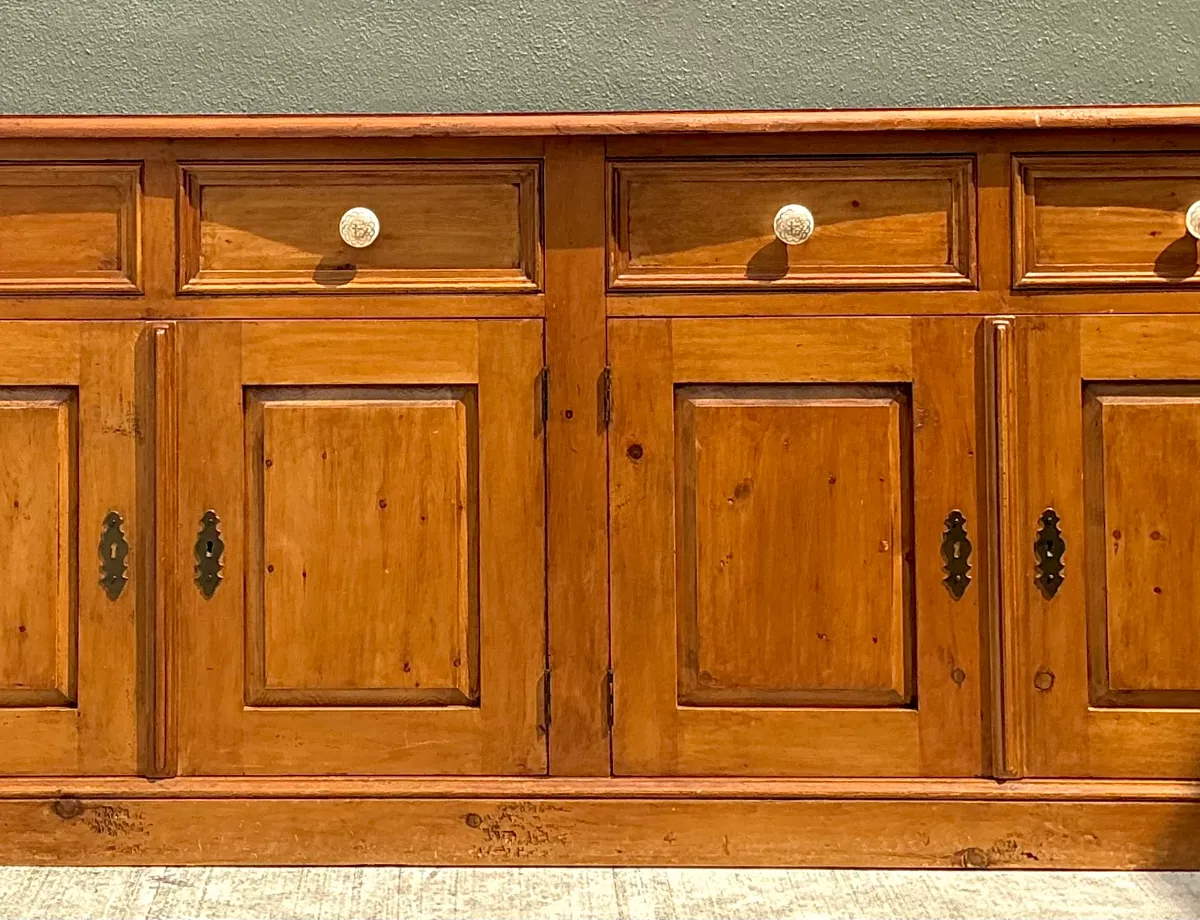 Vintage Carved Knotty Pine Credenza
