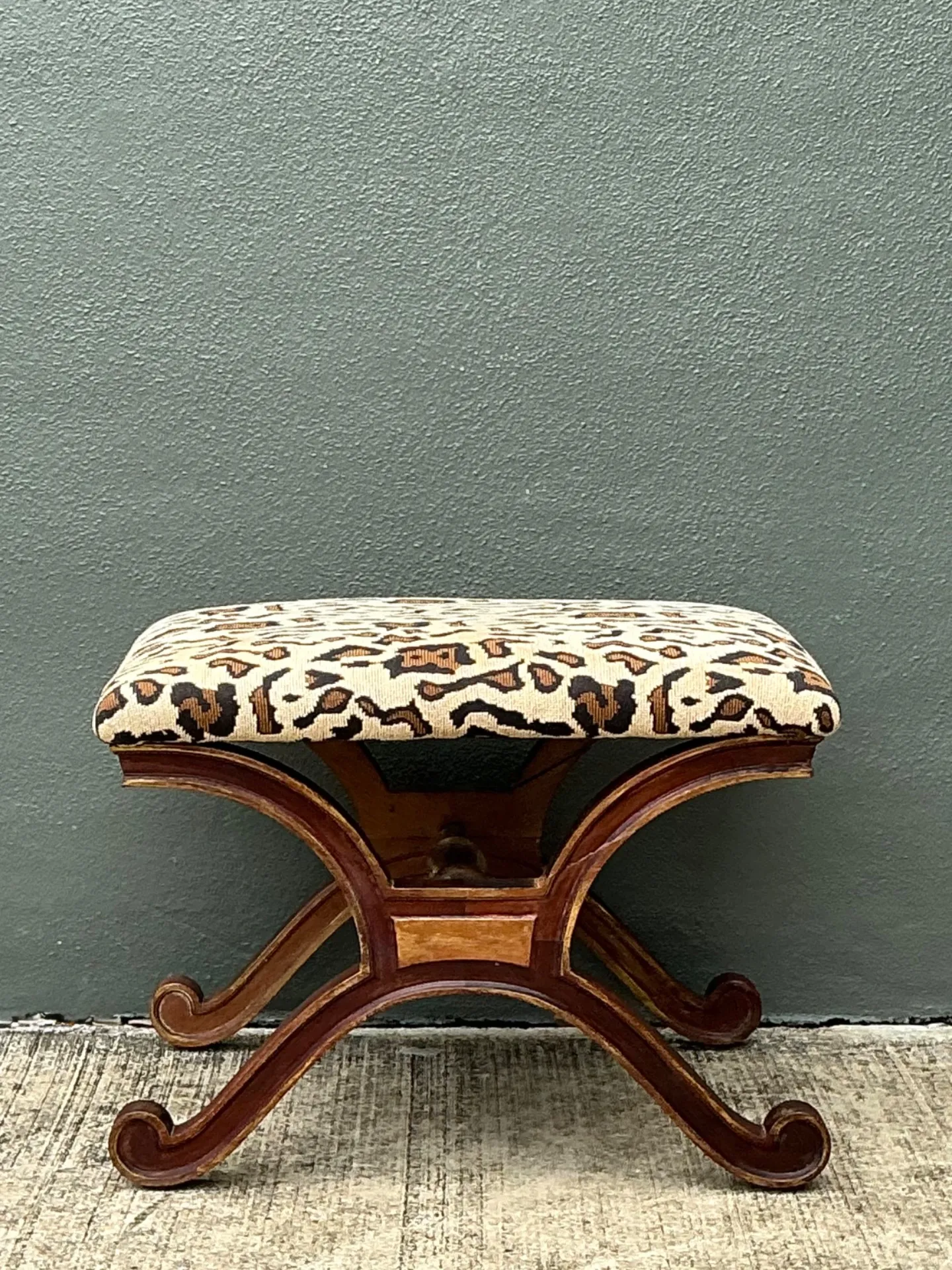 Vintage Leopard Print Upholstered Curule Bench — additional photo 5