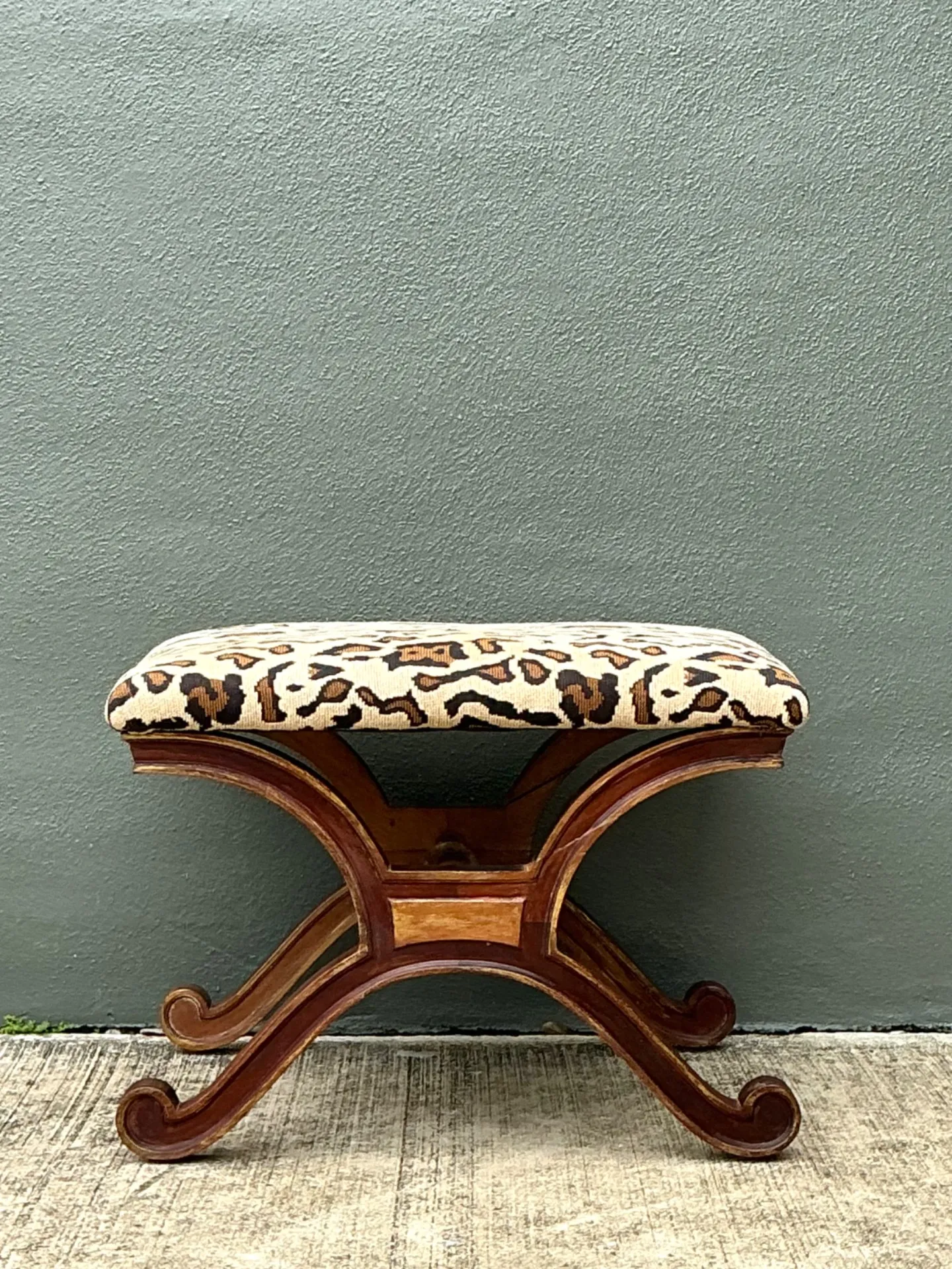 Vintage Leopard Print Upholstered Curule Bench — additional photo 2