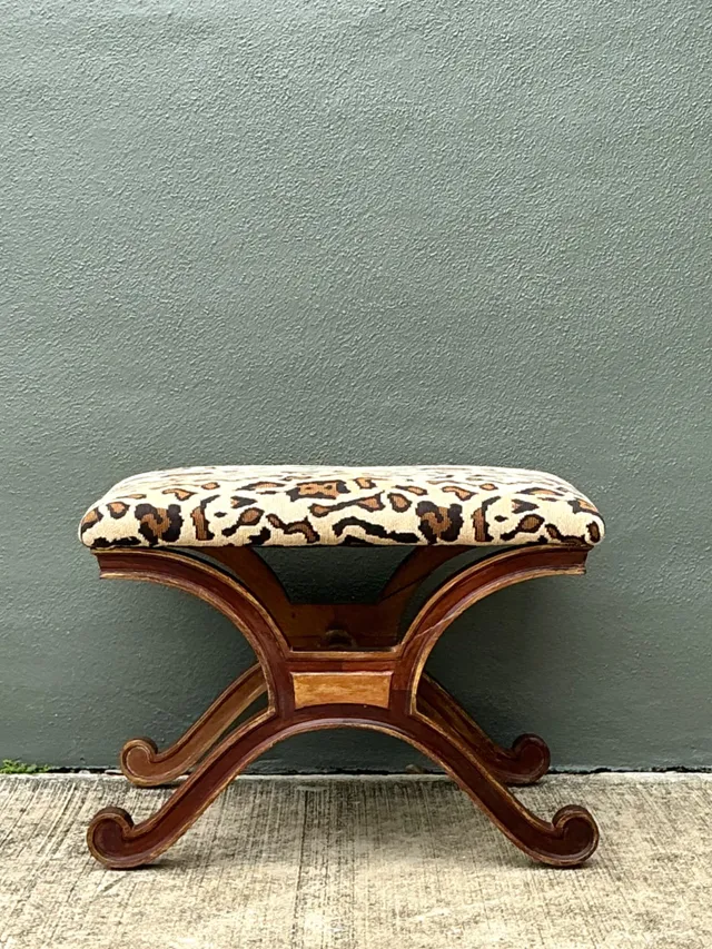 Vintage Leopard Print Upholstered Curule Bench — additional photo 2