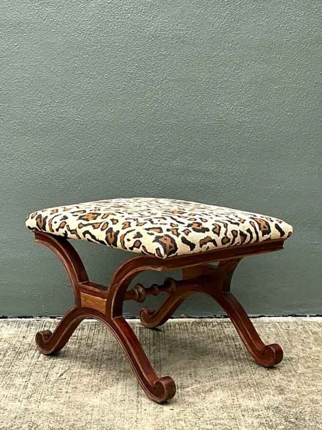 Vintage Leopard Print Upholstered Curule Bench — additional photo 8