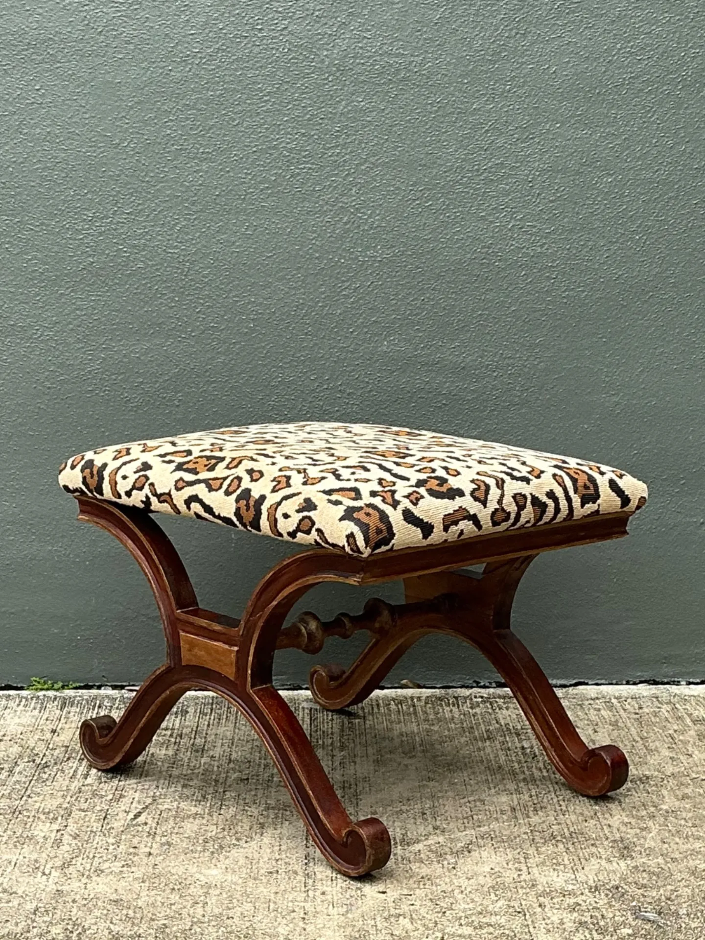 Vintage Leopard Print Upholstered Curule Bench — additional photo 4