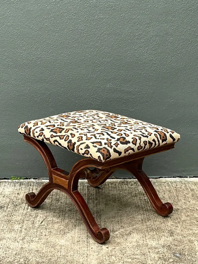 Vintage Leopard Print Upholstered Curule Bench — additional photo 3
