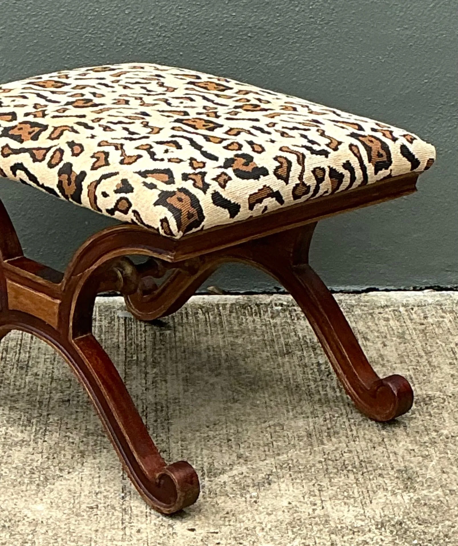 Vintage Leopard Print Upholstered Curule Bench — additional photo 1