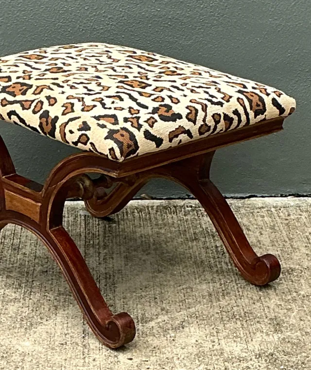 Vintage Leopard Print Upholstered Curule Bench — additional photo 1