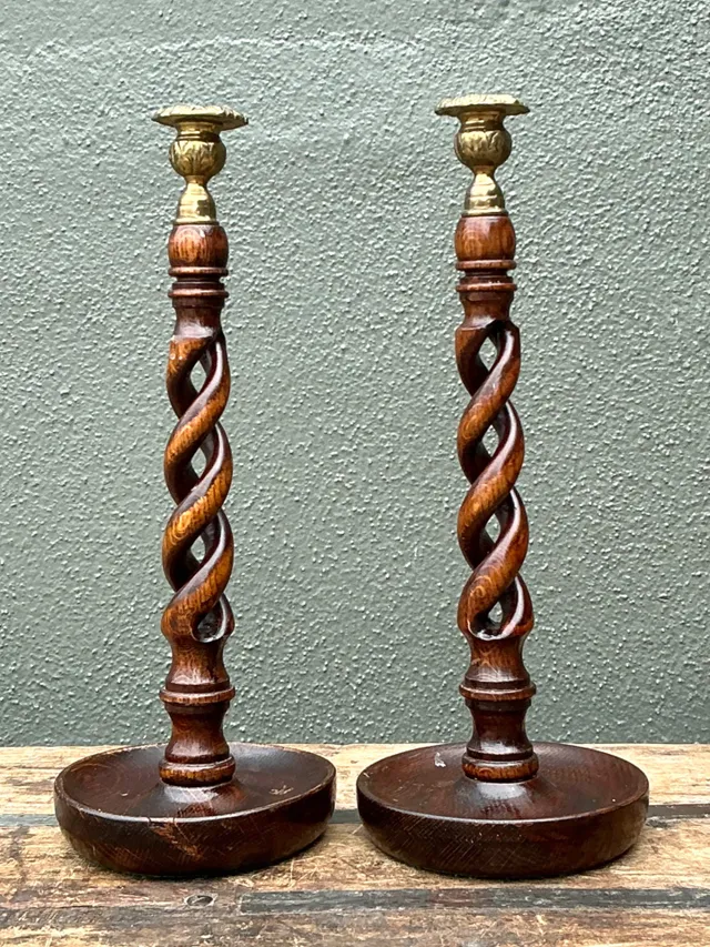 Vintage Barley Twist Wood Candlesticks - A Pair — additional photo 2