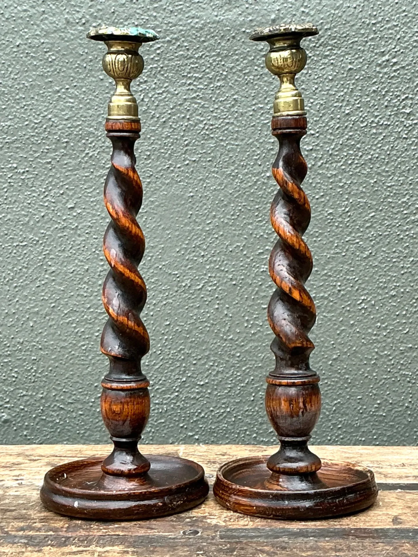 Vintage Barley Twist Wood Candlesticks - A Pair - Oak, 5W x 14.25H — additional photo 2