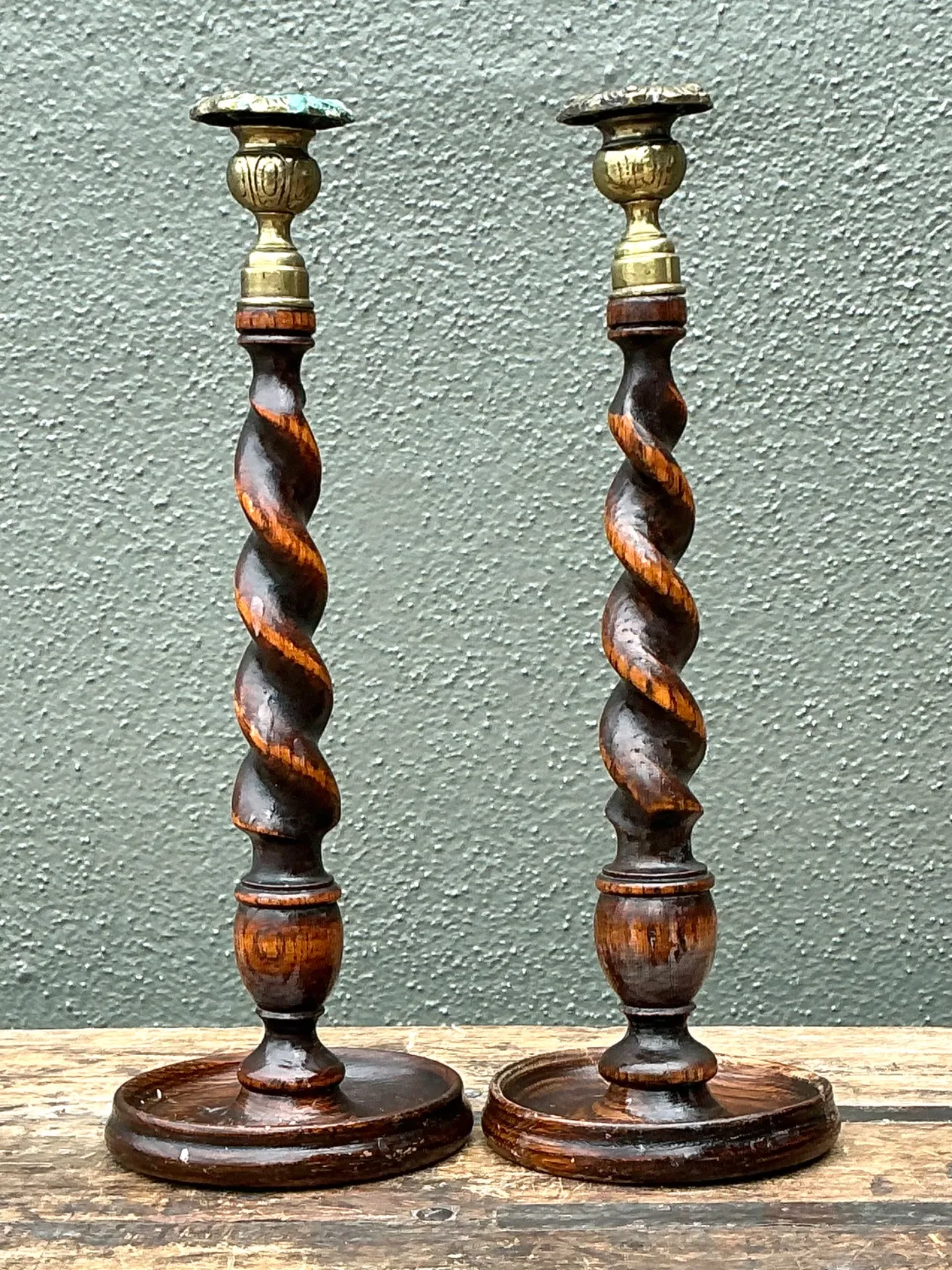 Vintage Barley Twist Wood Candlesticks - A Pair - Oak, 5W x 14.25H — additional photo 8