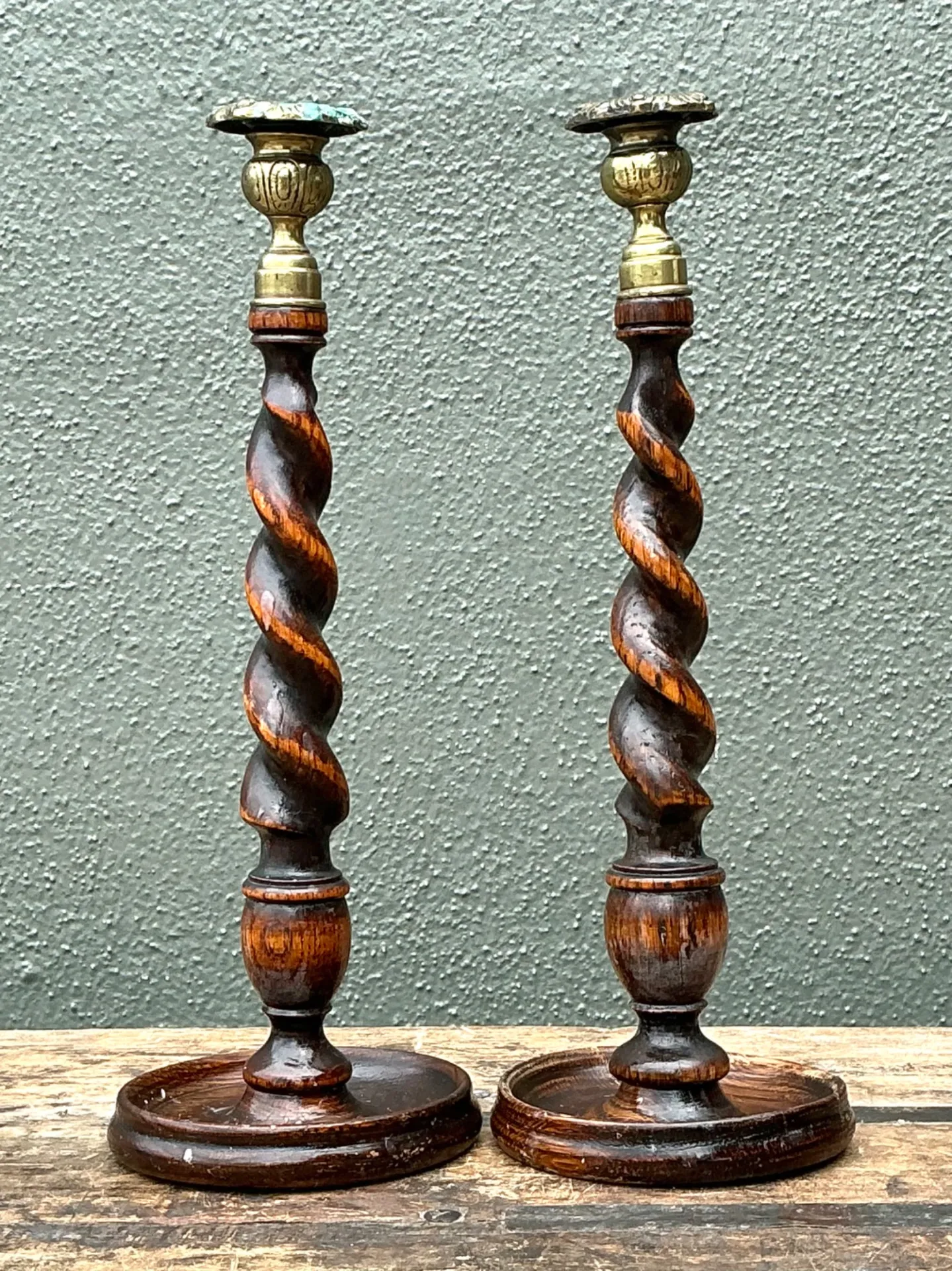 Vintage Barley Twist Wood Candlesticks - A Pair - Oak, 5W x 14.25H — additional photo 7