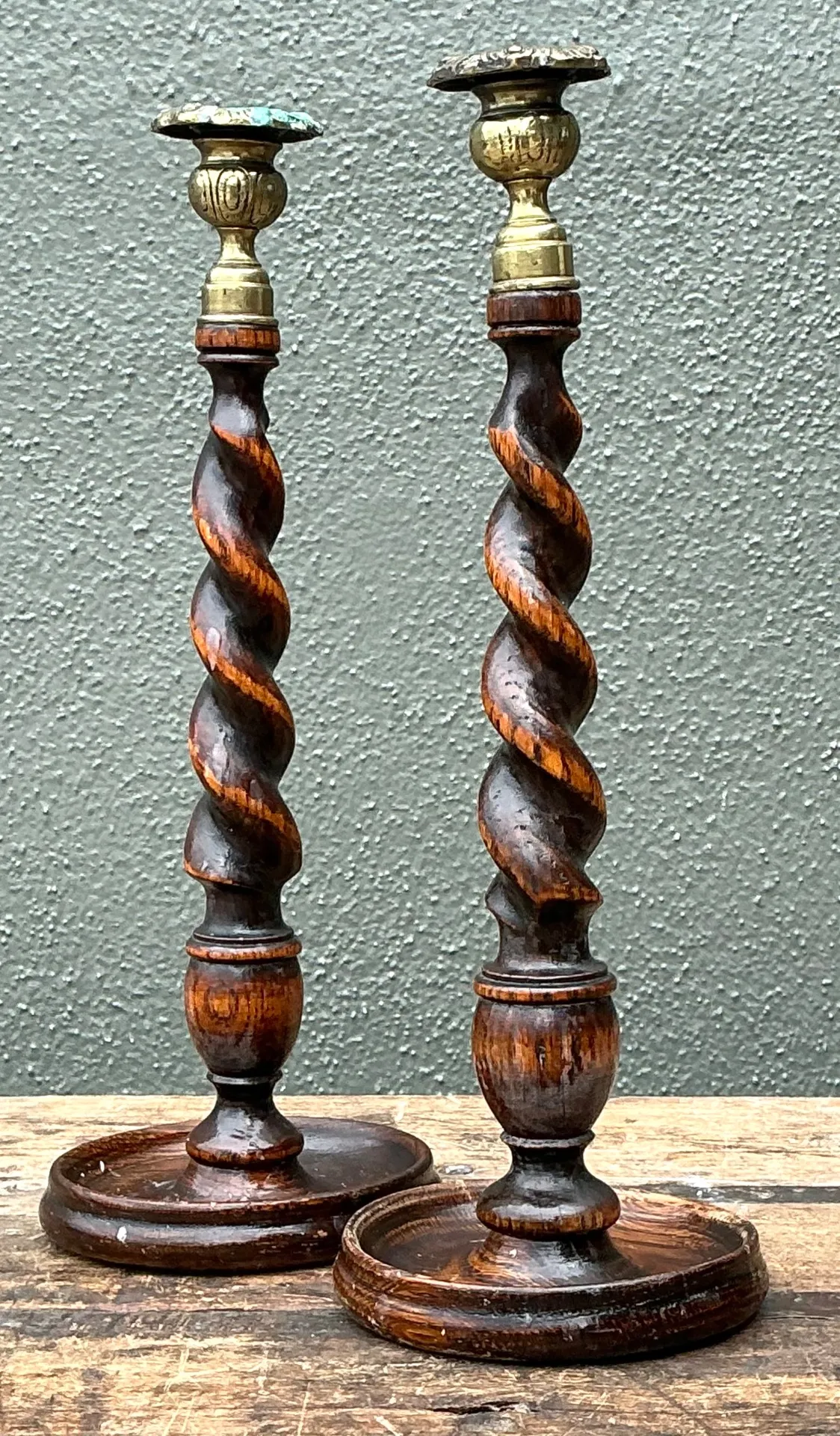 Vintage Barley Twist Wood Candlesticks - A Pair - Oak, 5W x 14.25H — additional photo 4