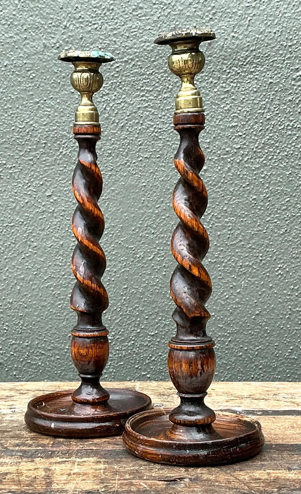 Vintage Barley Twist Wood Candlesticks - A Pair - Oak, 5W x 14.25H — additional photo 3