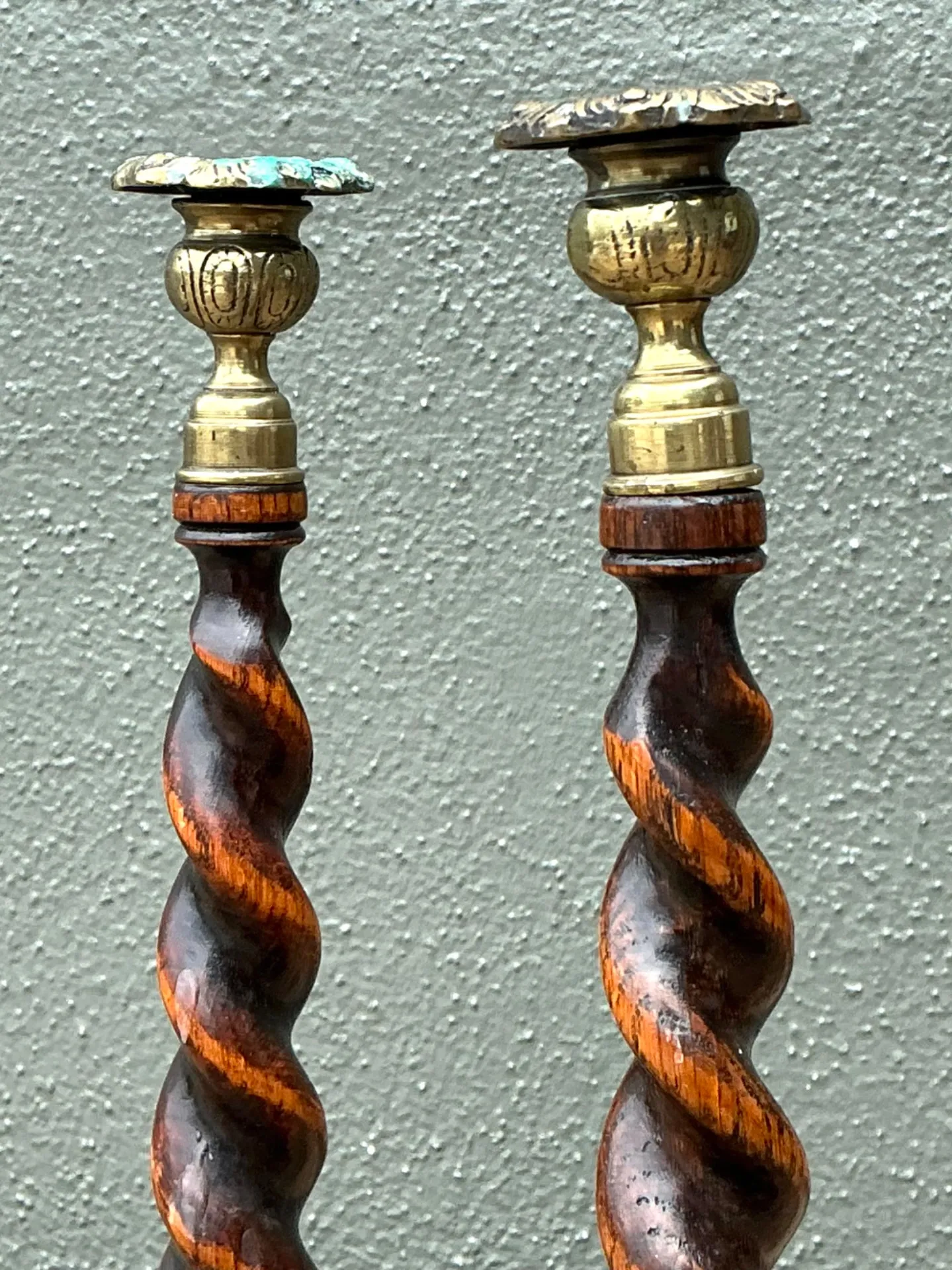 Vintage Barley Twist Wood Candlesticks - A Pair - Oak, 5W x 14.25H — additional photo 6