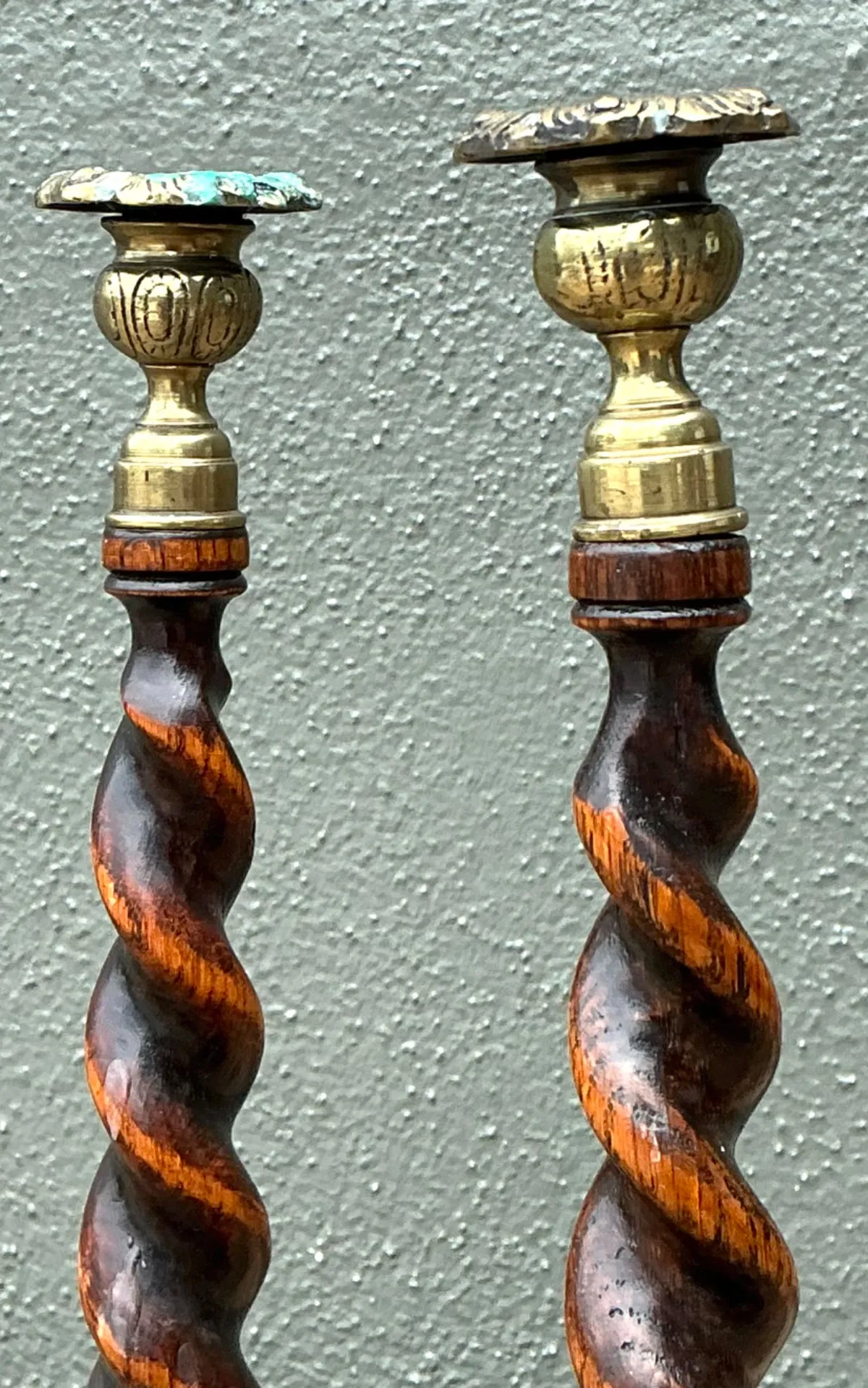Vintage Barley Twist Wood Candlesticks - A Pair - Oak, 5W x 14.25H — additional photo 6