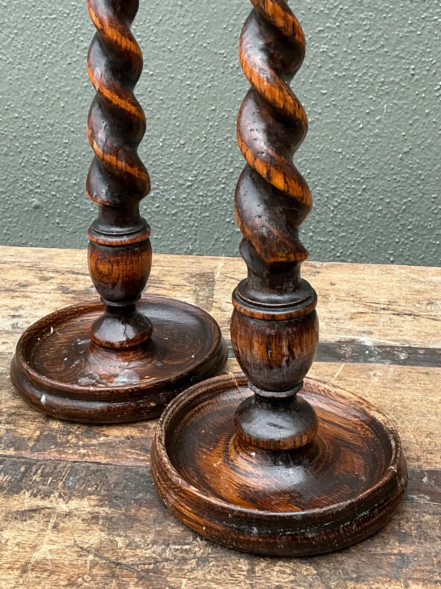 Vintage Barley Twist Wood Candlesticks - A Pair - Oak, 5W x 14.25H — additional photo 5