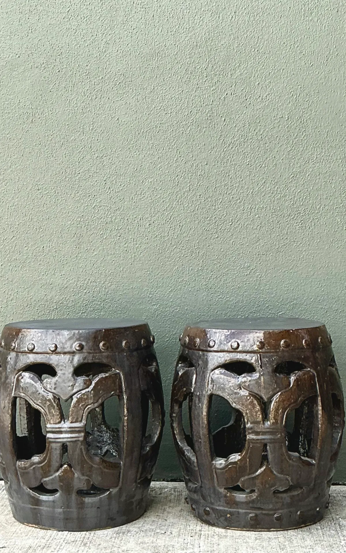 Vintage Ceramic Lattice Low Stools - Pair — additional photo 1