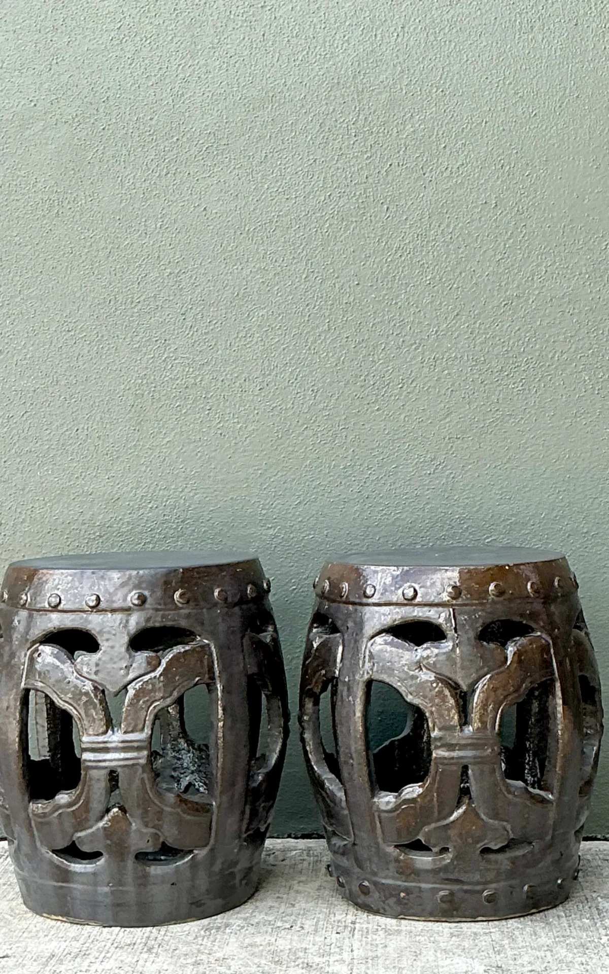 Vintage Ceramic Lattice Low Stools - Pair — additional photo 5
