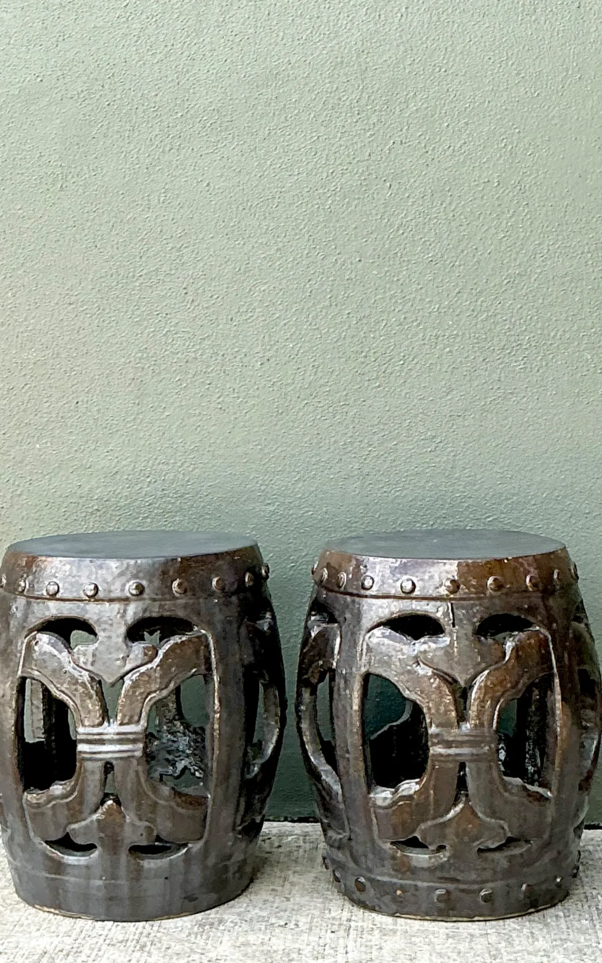 Vintage Ceramic Lattice Low Stools - Pair — additional photo 8