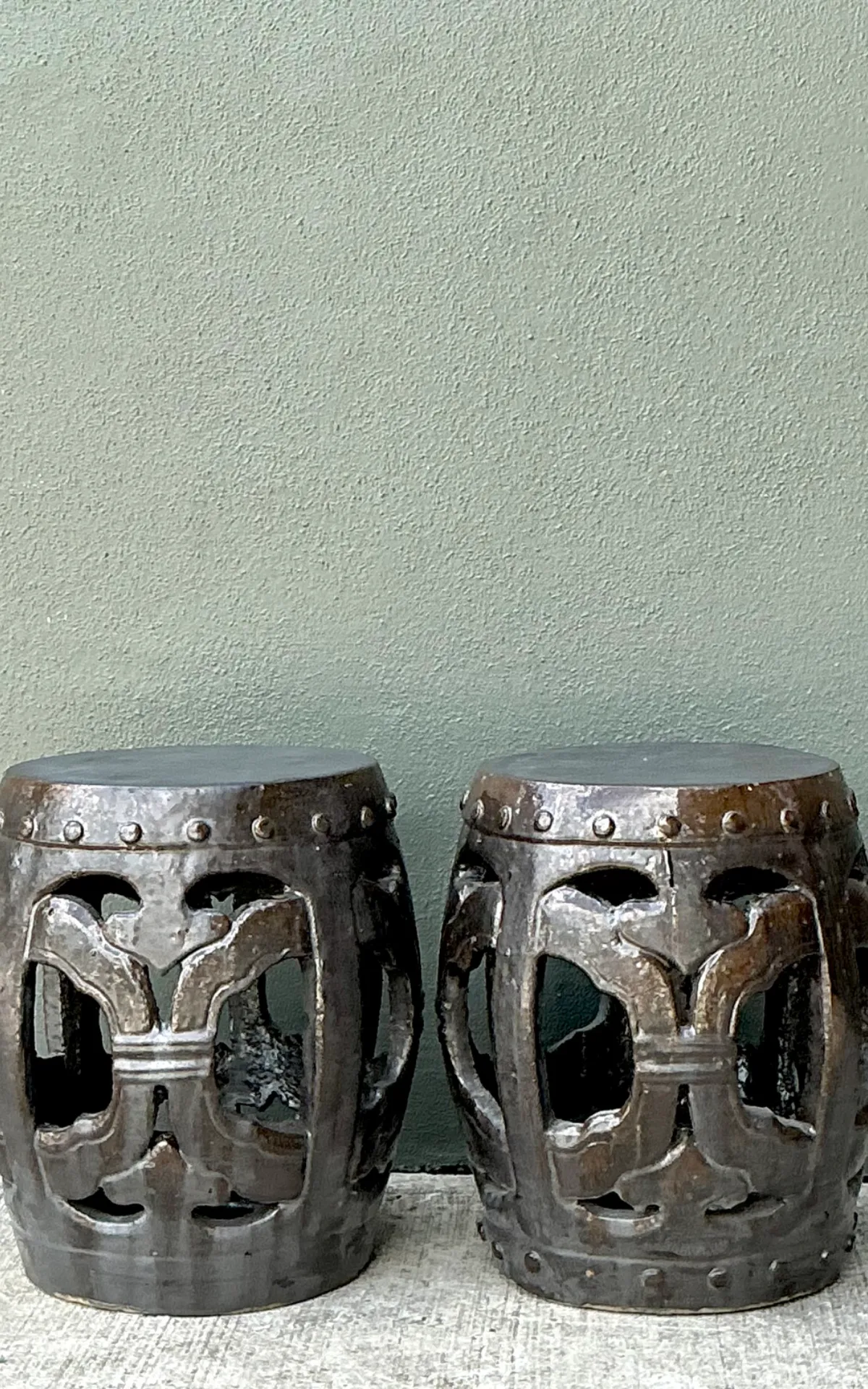 Vintage Ceramic Lattice Low Stools - Pair — additional photo 2