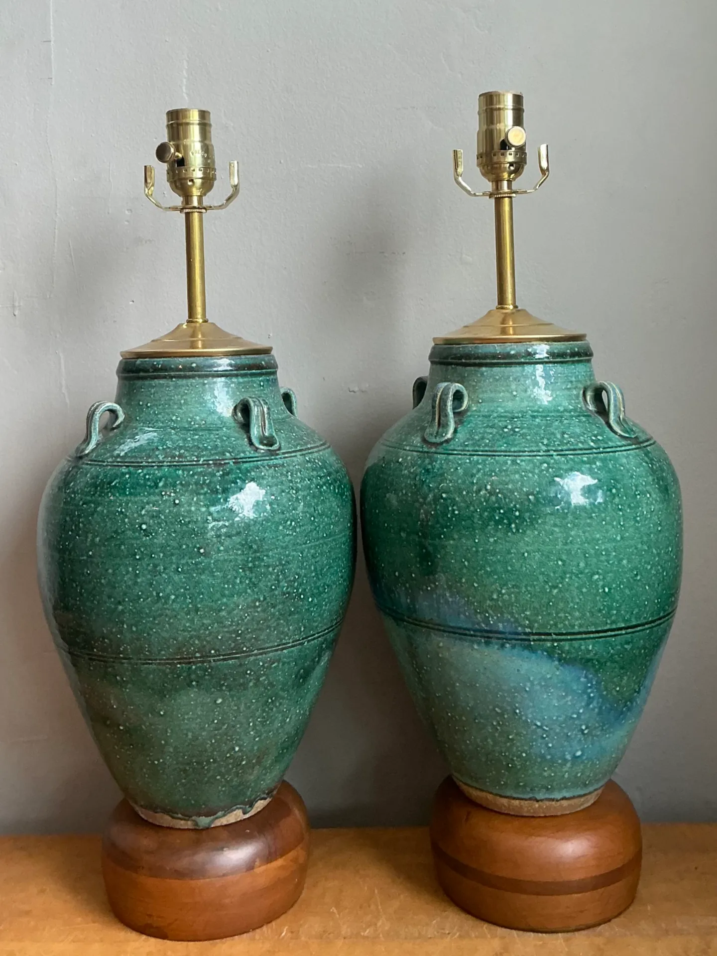 Vintage Green Glazed Ceramic Table Lamps - Pair — additional photo 2