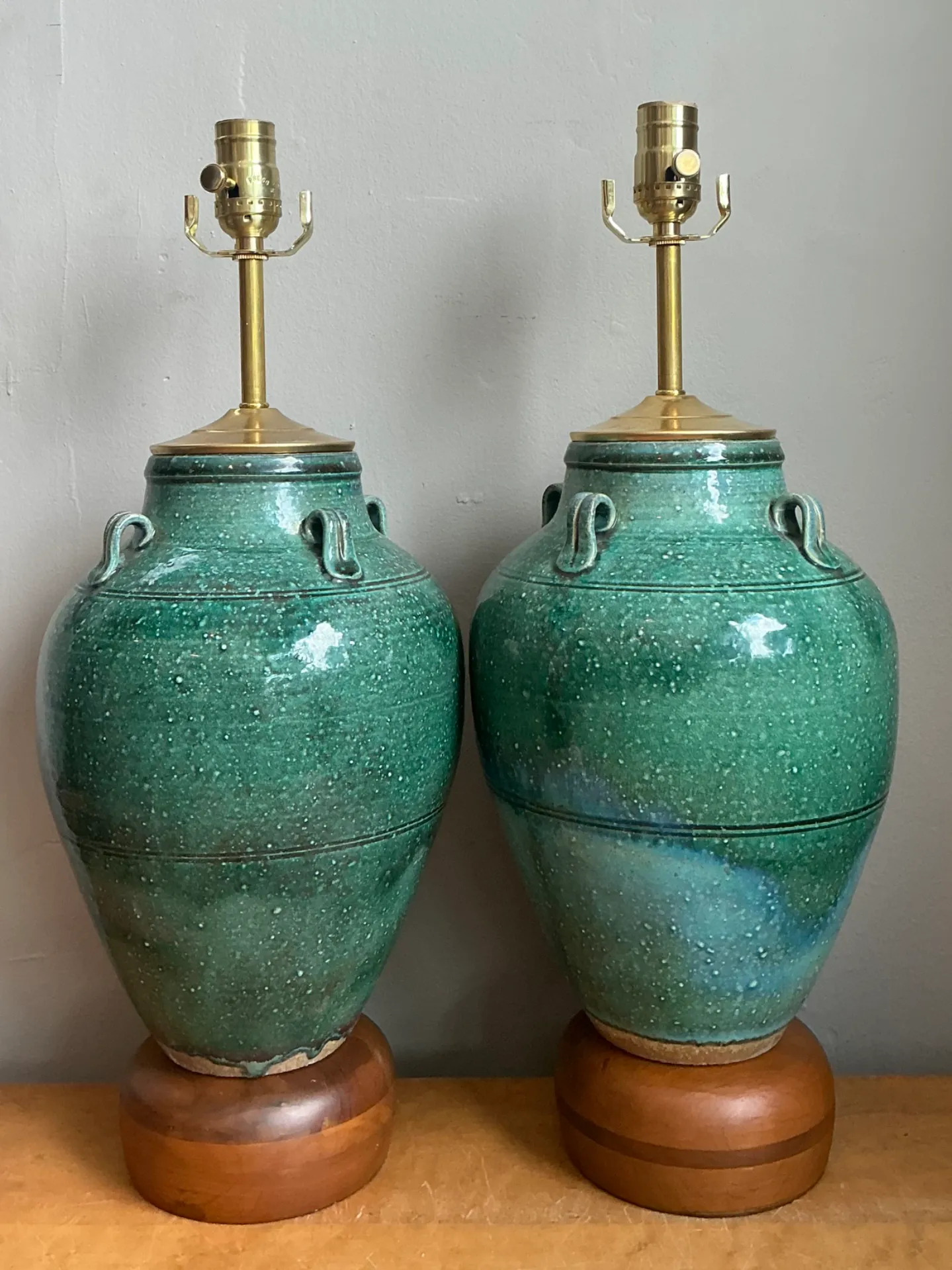 Vintage Green Glazed Ceramic Table Lamps - Pair — additional photo 4