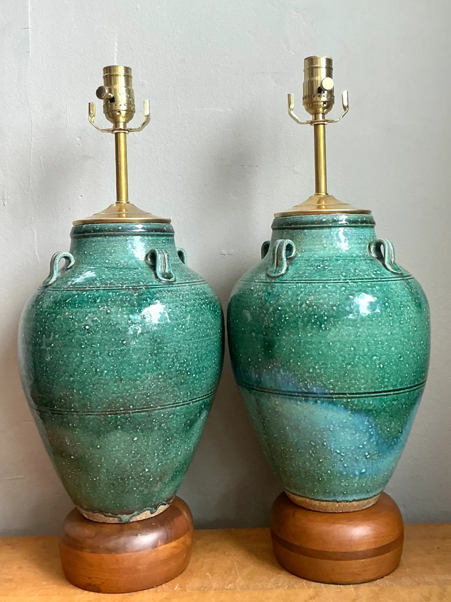 Vintage Green Glazed Ceramic Table Lamps - Pair — additional photo 8