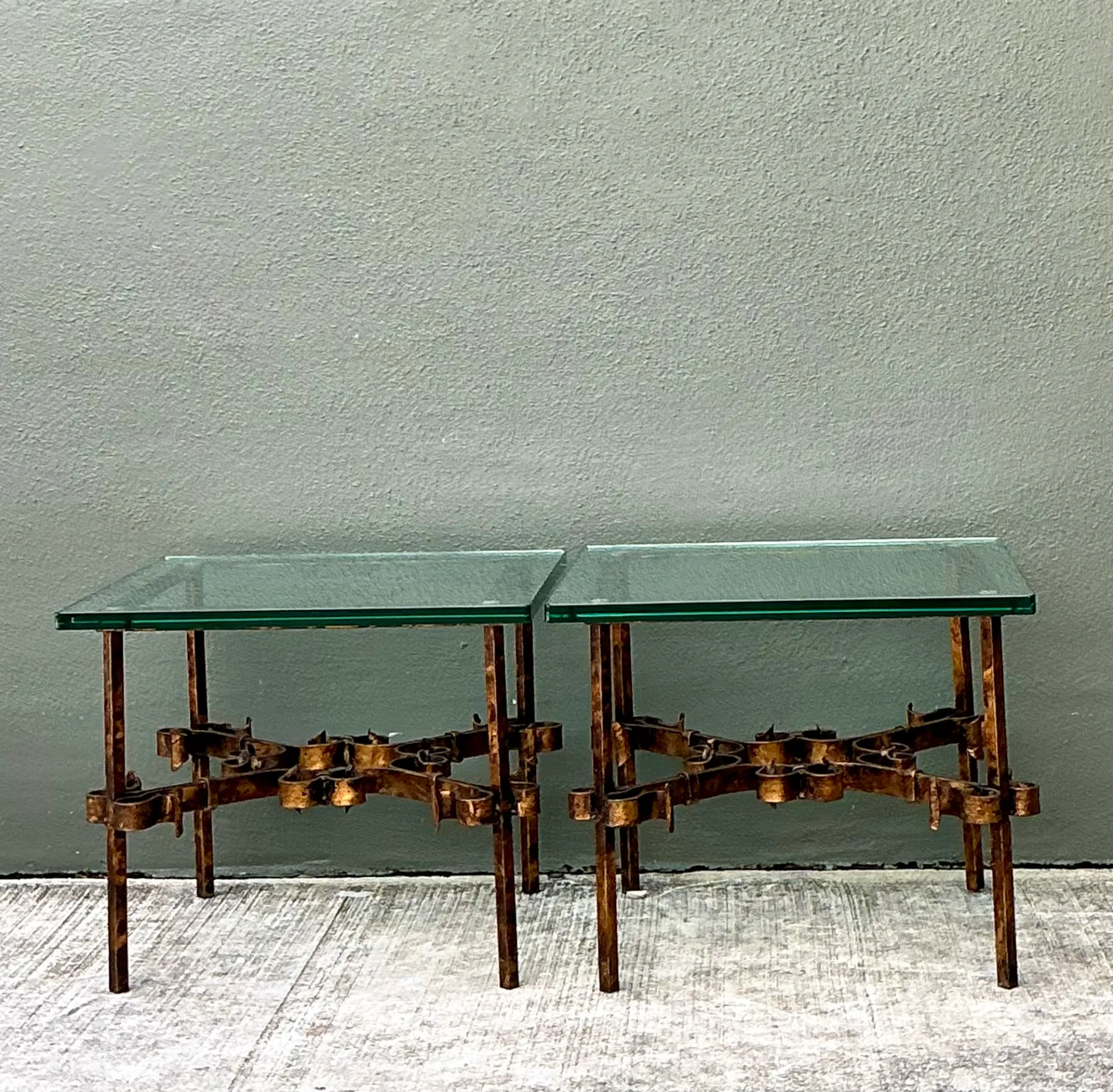 Vintage Brutalist Glass and Metal Side Tables - Pair — additional photo 5