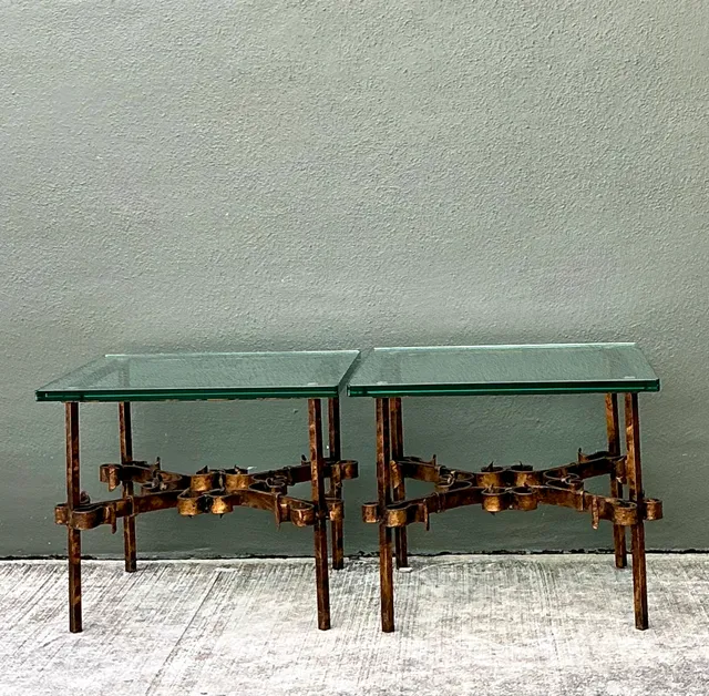 Vintage Brutalist Glass and Metal Side Tables - Pair — additional photo 5