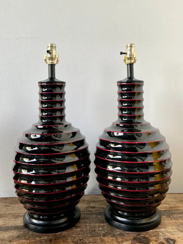 Vintage Glazed Ceramic Ribbed Table Lamps - A Pair — additional photo 2