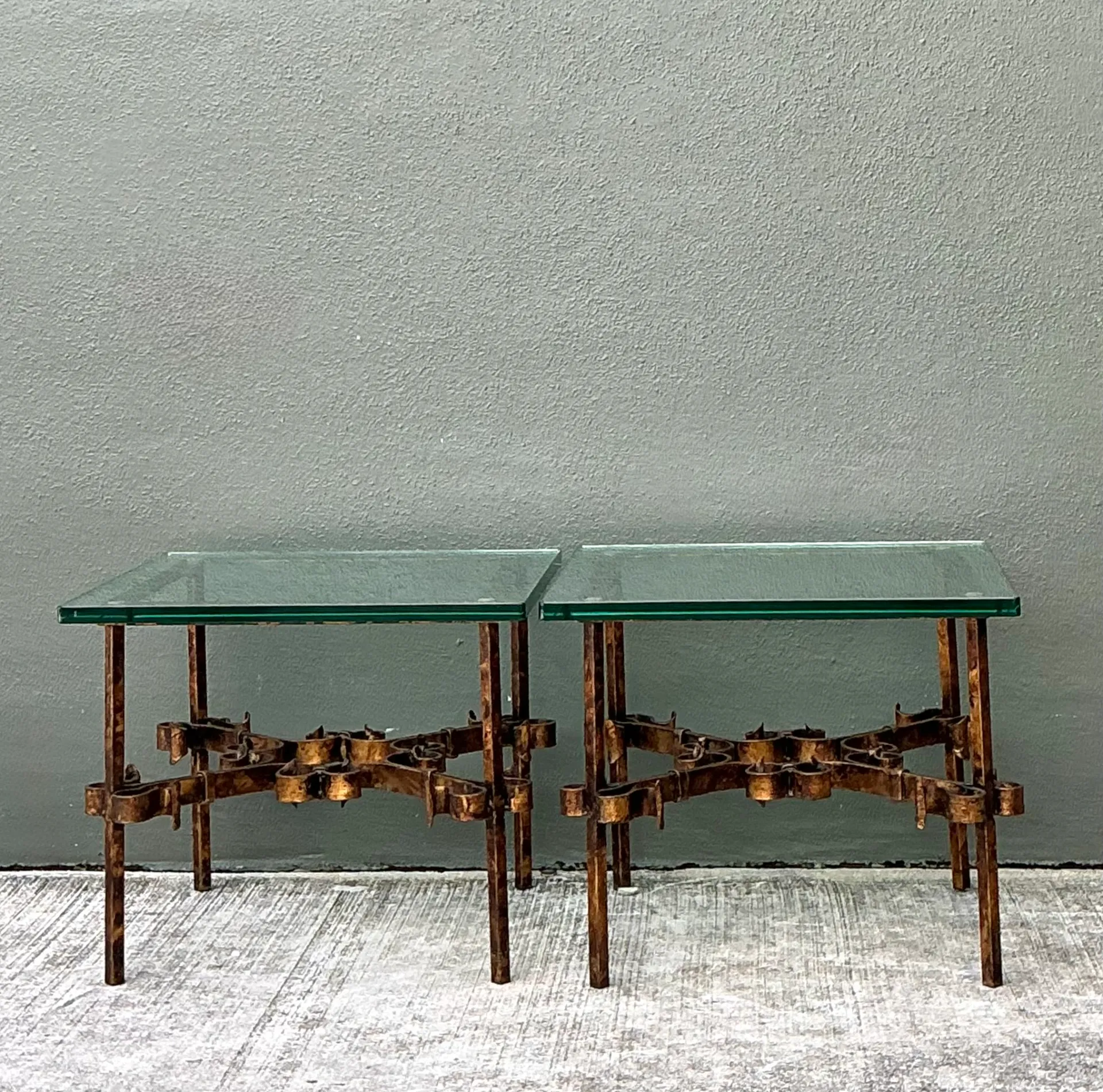 Vintage Brutalist Glass and Metal Side Tables - Pair — additional photo 1