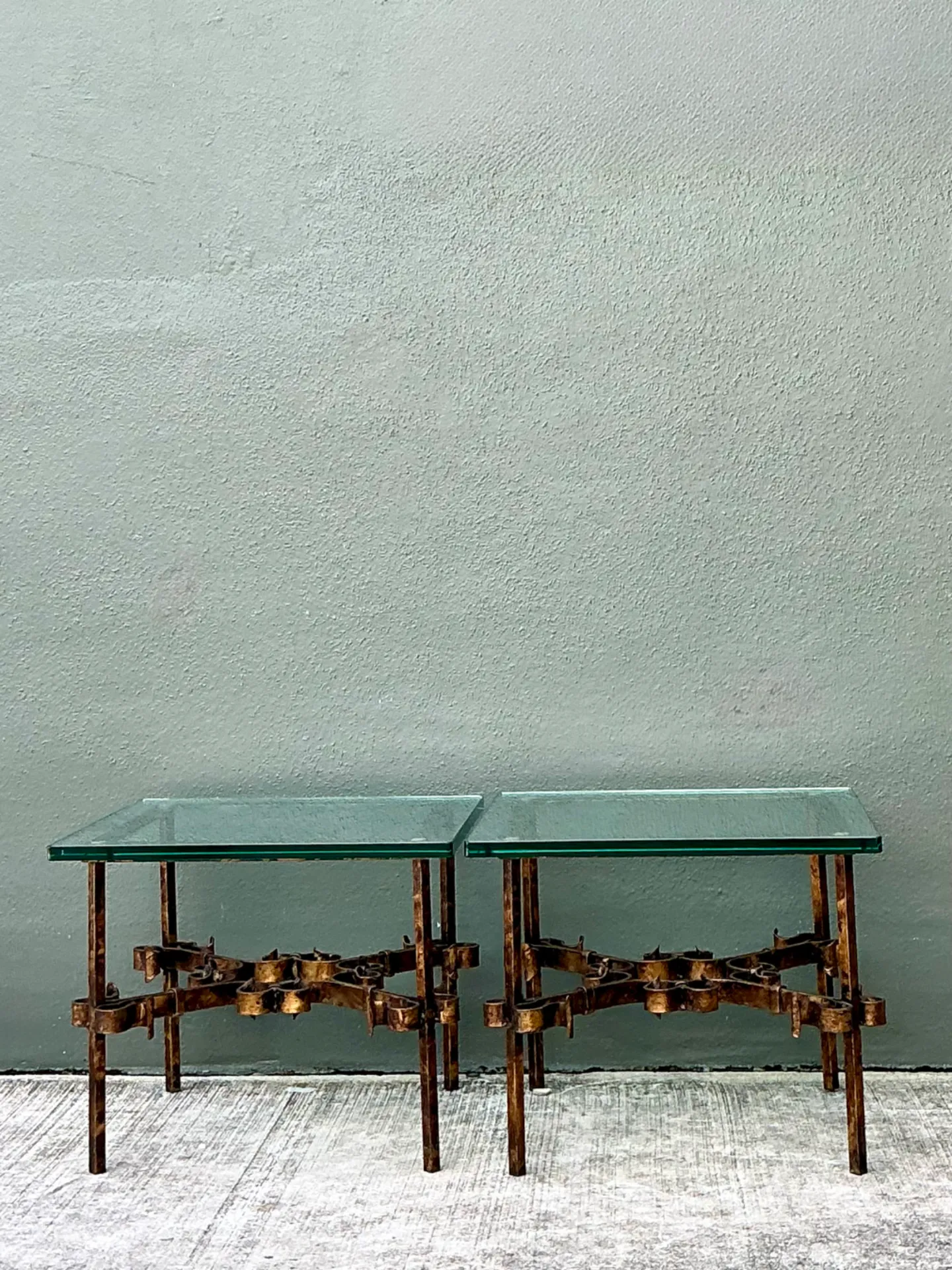 Vintage Brutalist Glass and Metal Side Tables - Pair — additional photo 3