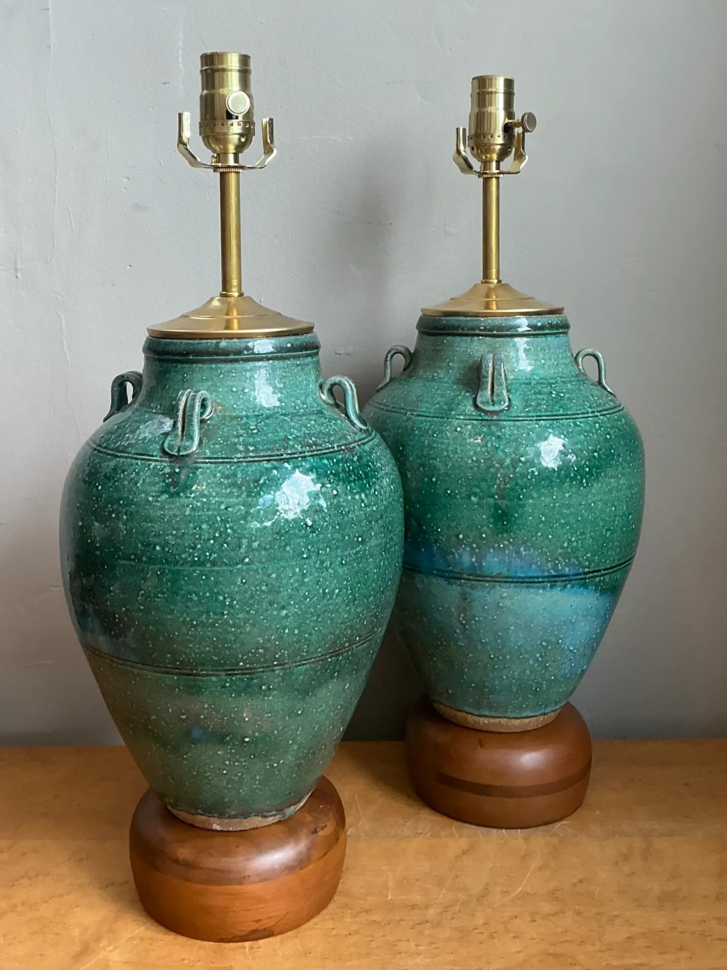 Vintage Green Glazed Ceramic Table Lamps - Pair — additional photo 1