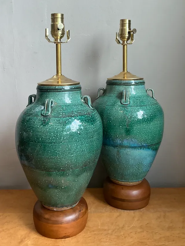 Vintage Green Glazed Ceramic Table Lamps - Pair — additional photo 1
