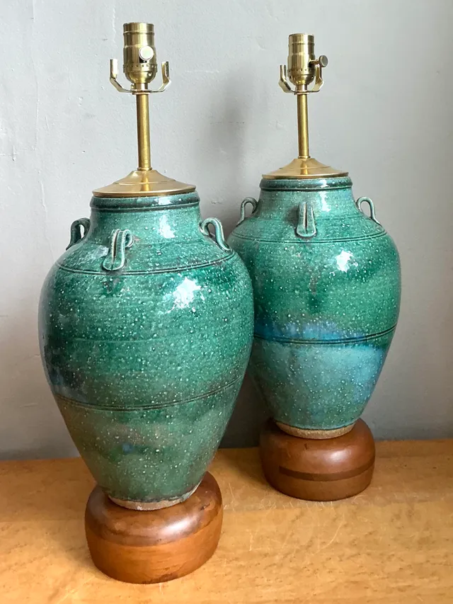 Vintage Green Glazed Ceramic Table Lamps - Pair — additional photo 3