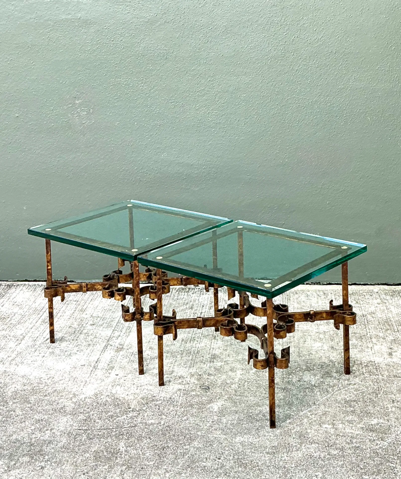 Vintage Brutalist Glass and Metal Side Tables - Pair — additional photo 2