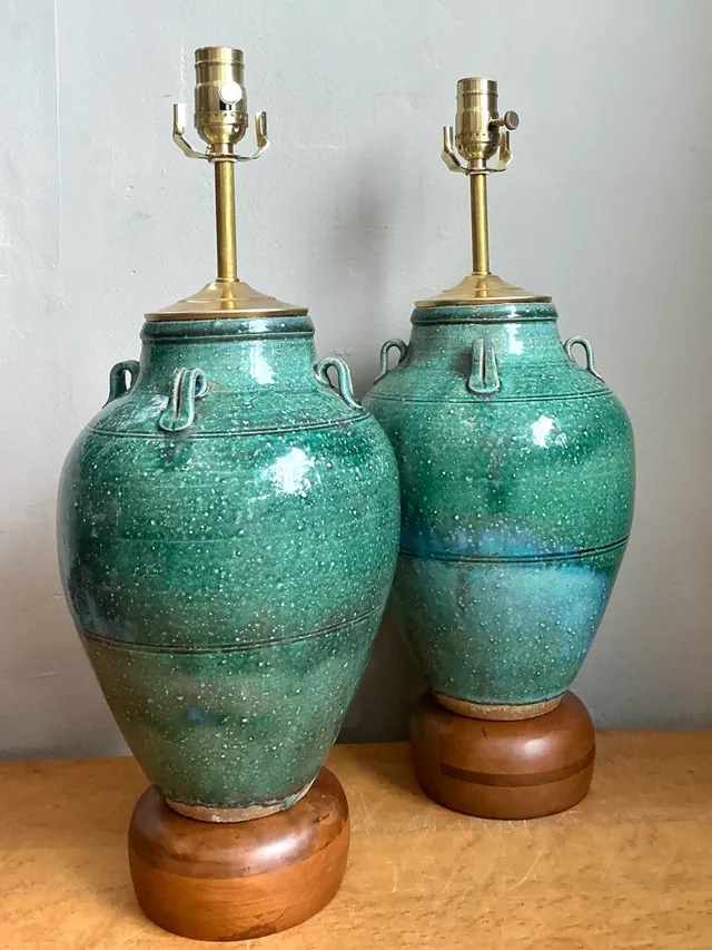 Vintage Green Glazed Ceramic Table Lamps - Pair — additional photo 5