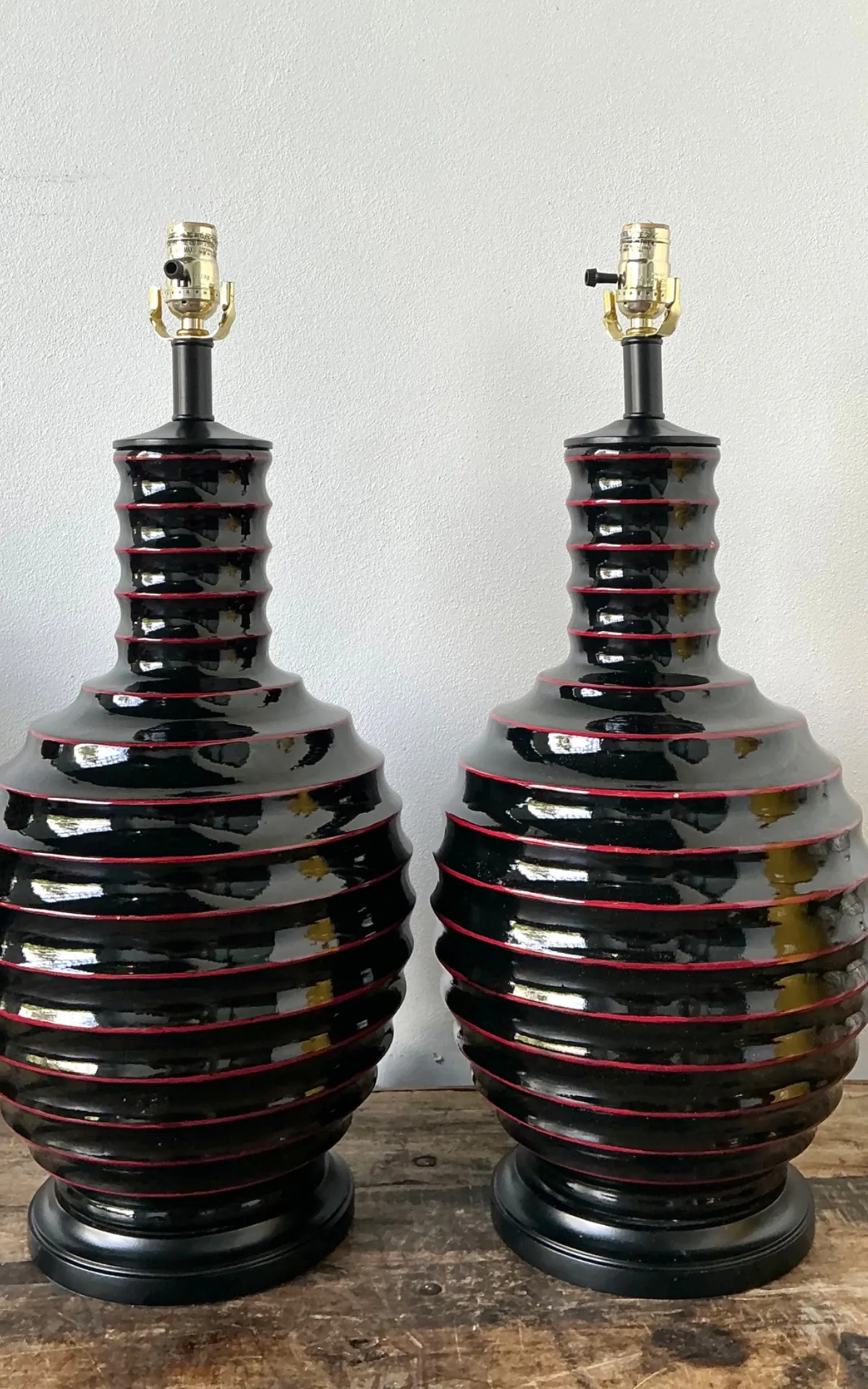 Vintage Glazed Ceramic Ribbed Table Lamps - A Pair