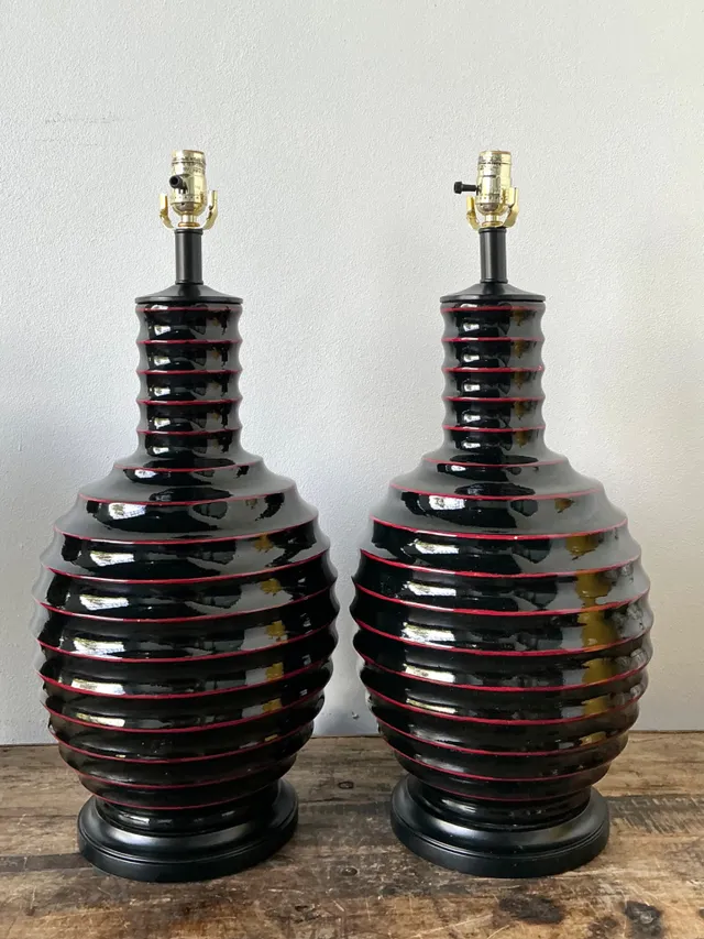 Vintage Glazed Ceramic Ribbed Table Lamps - A Pair — additional photo 1