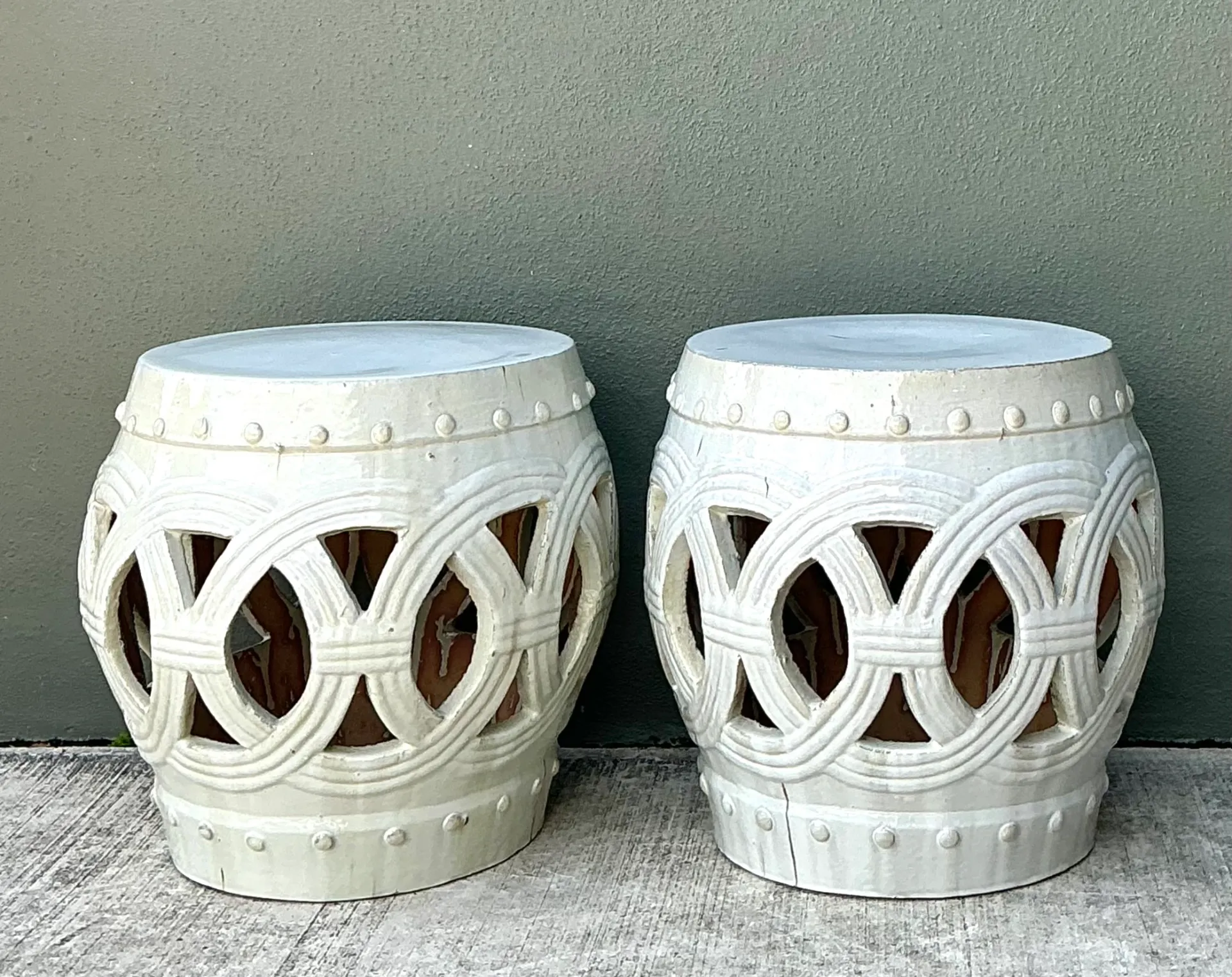 Vintage Ceramic Lattice Low Stools - Pair — additional photo 8